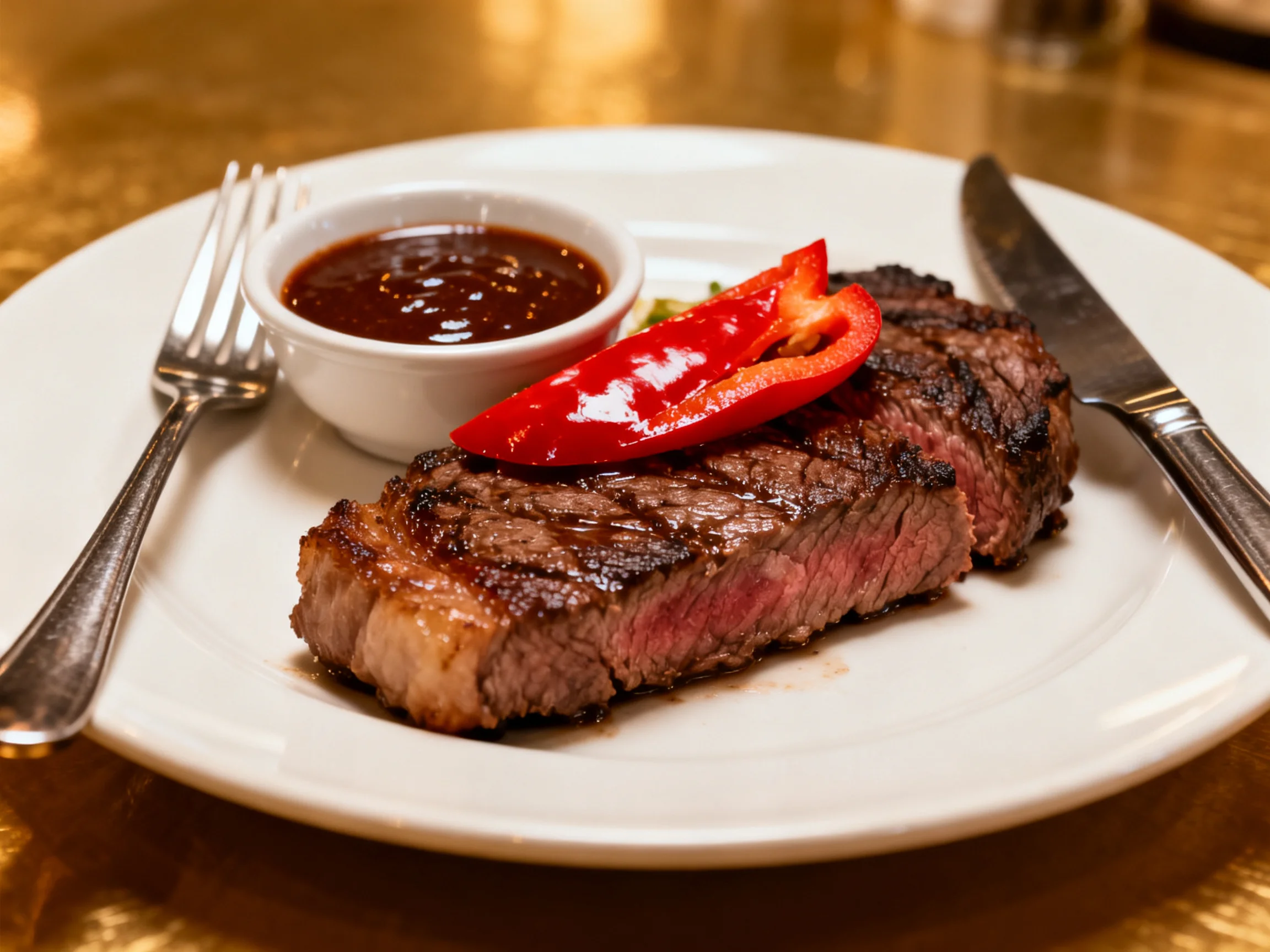A grilled steak garnished with red pepper and sauce is presented on a white plate with utensils.