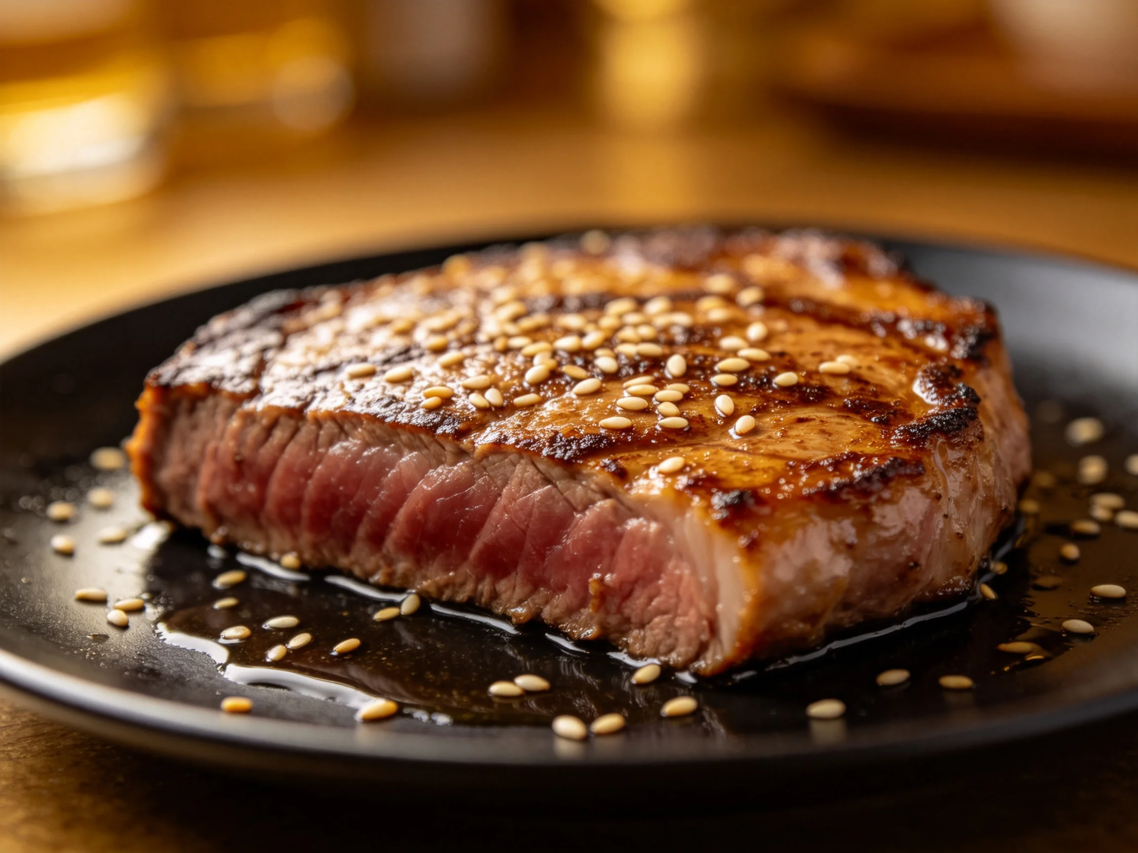 A grilled steak topped with sesame seeds on a black plate