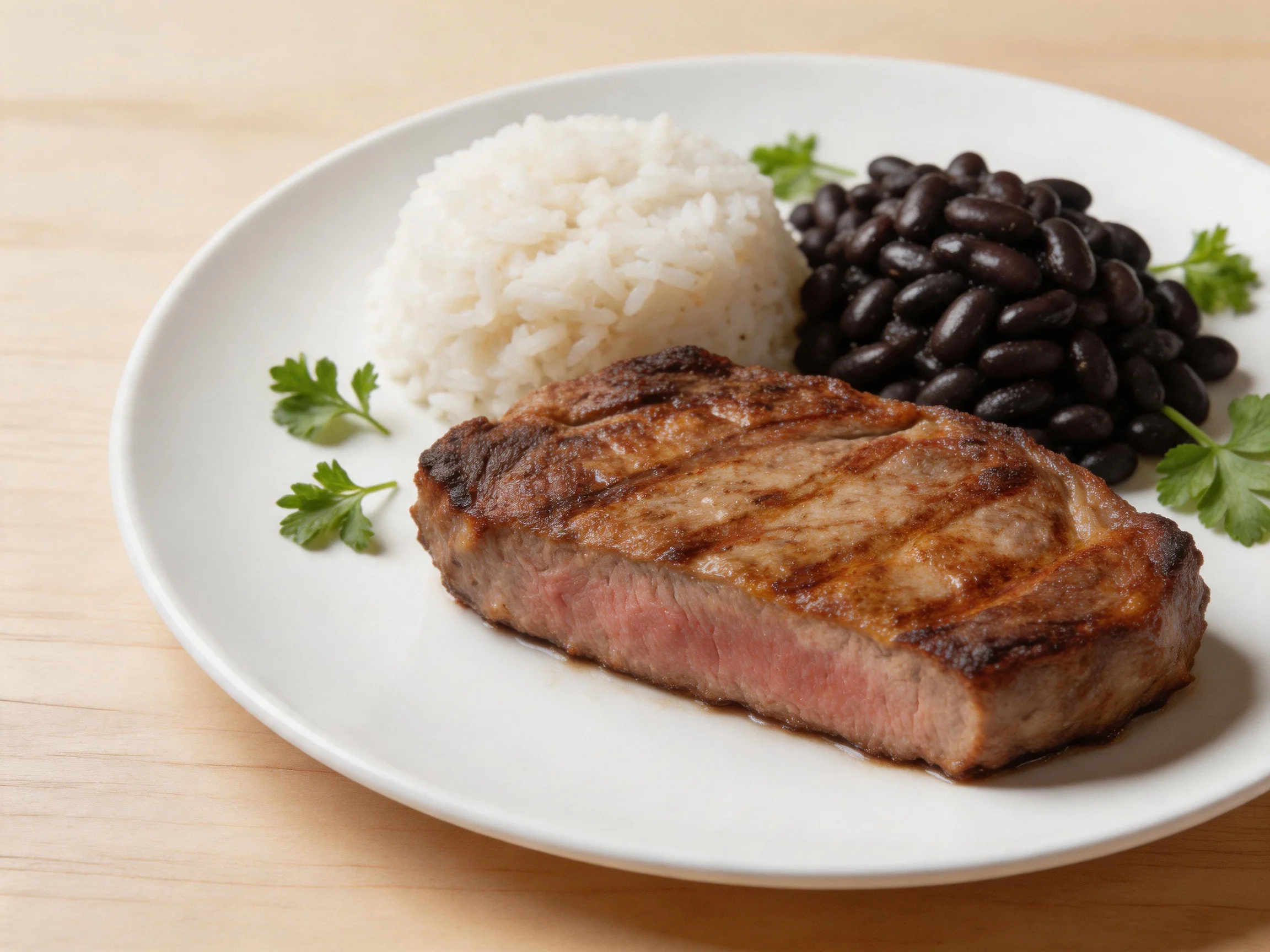 A grilled steak, white rice, and black beans served on a white plate