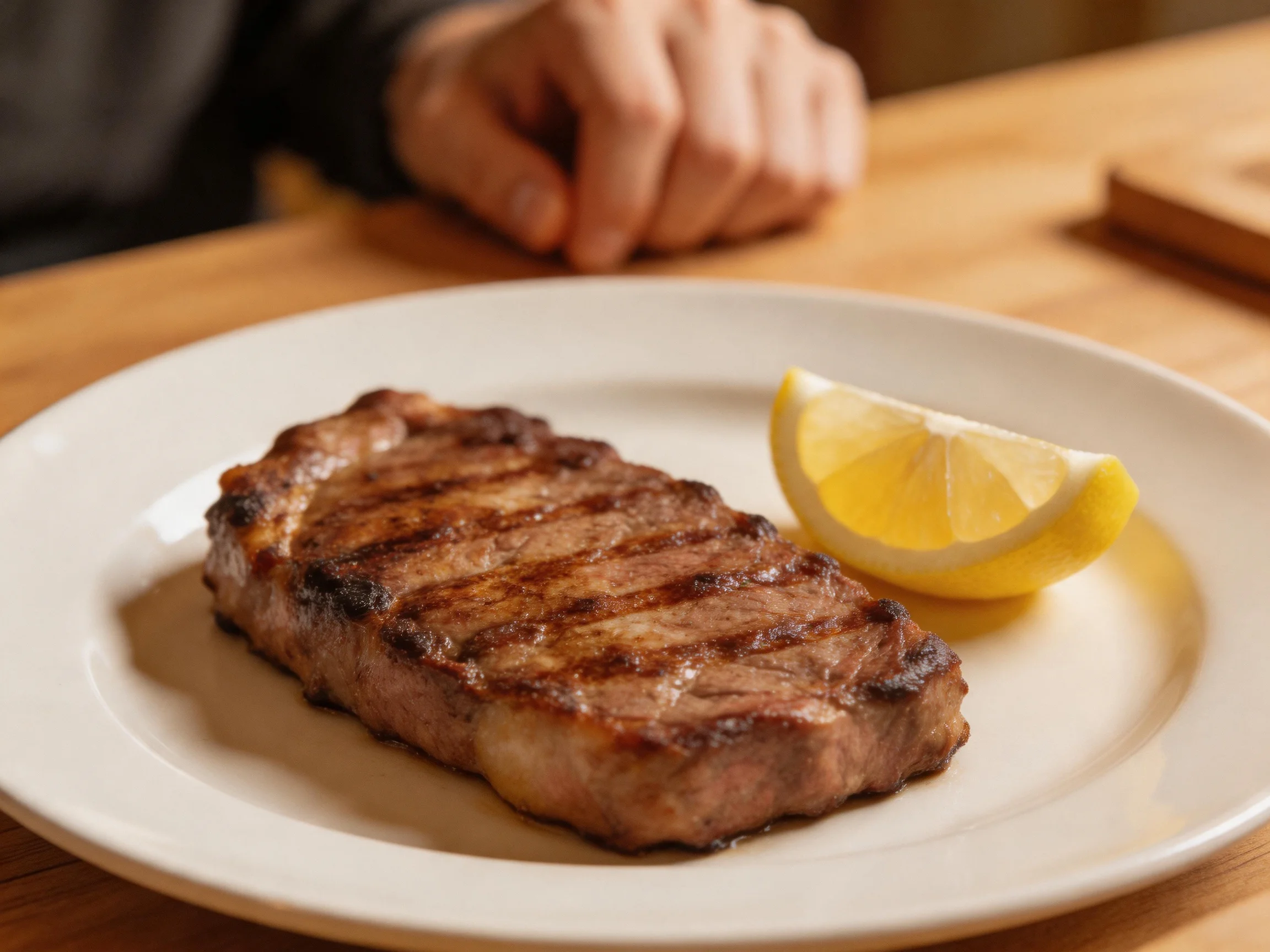 A grilled steak with a lemon wedge served on a white plate