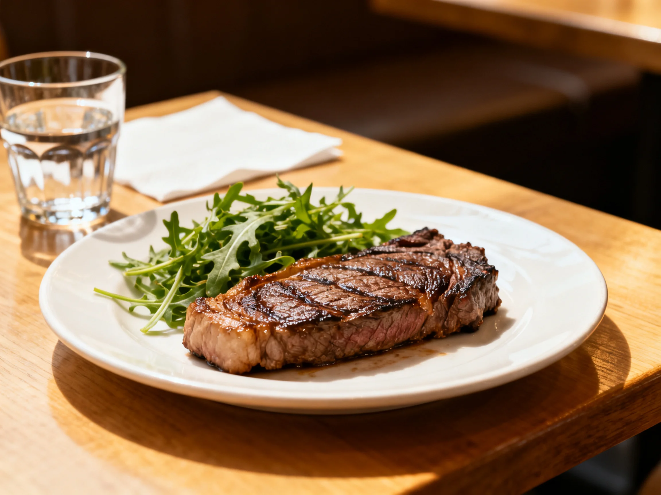 A grilled steak with arugula on a white plate near a water glass