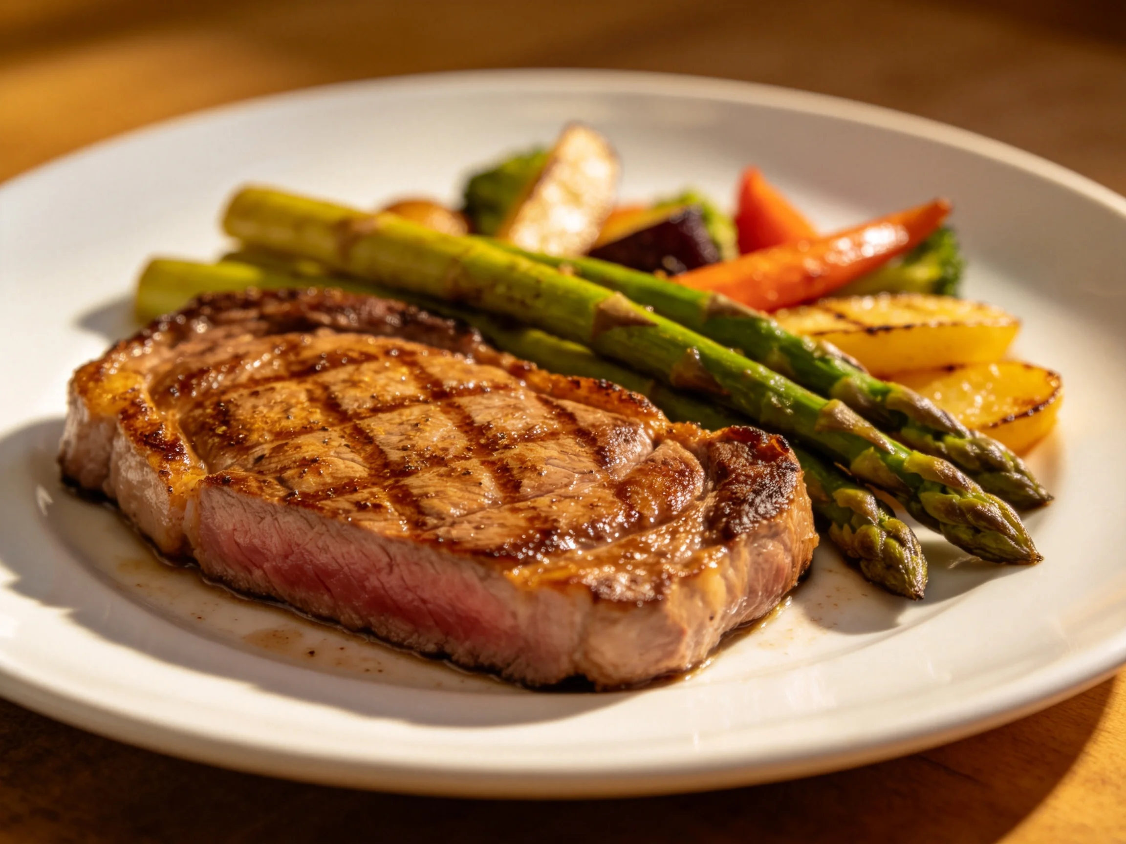 A grilled steak with asparagus and roasted vegetables on a white plate