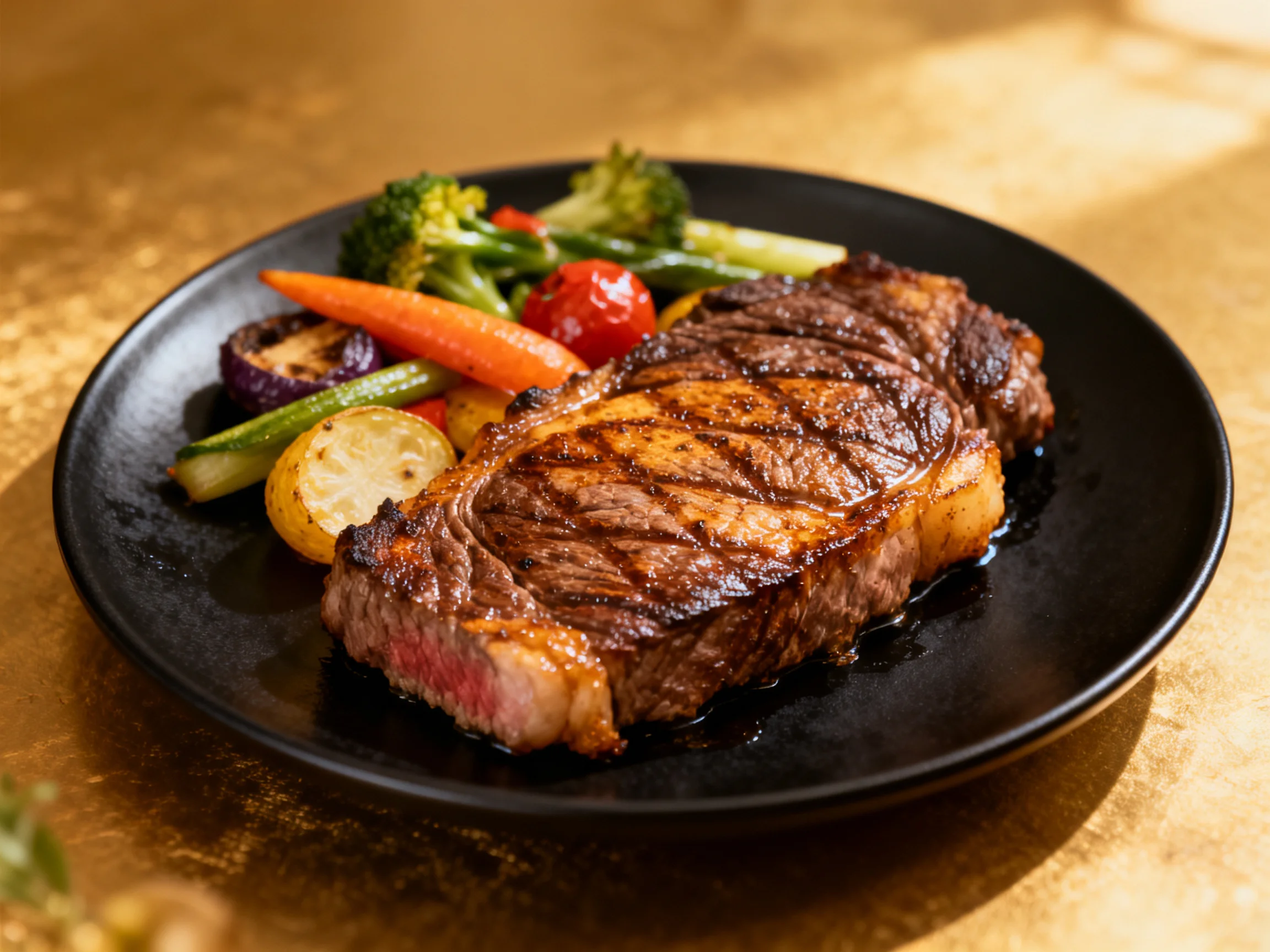 A grilled steak with assorted roasted vegetables on a black plate