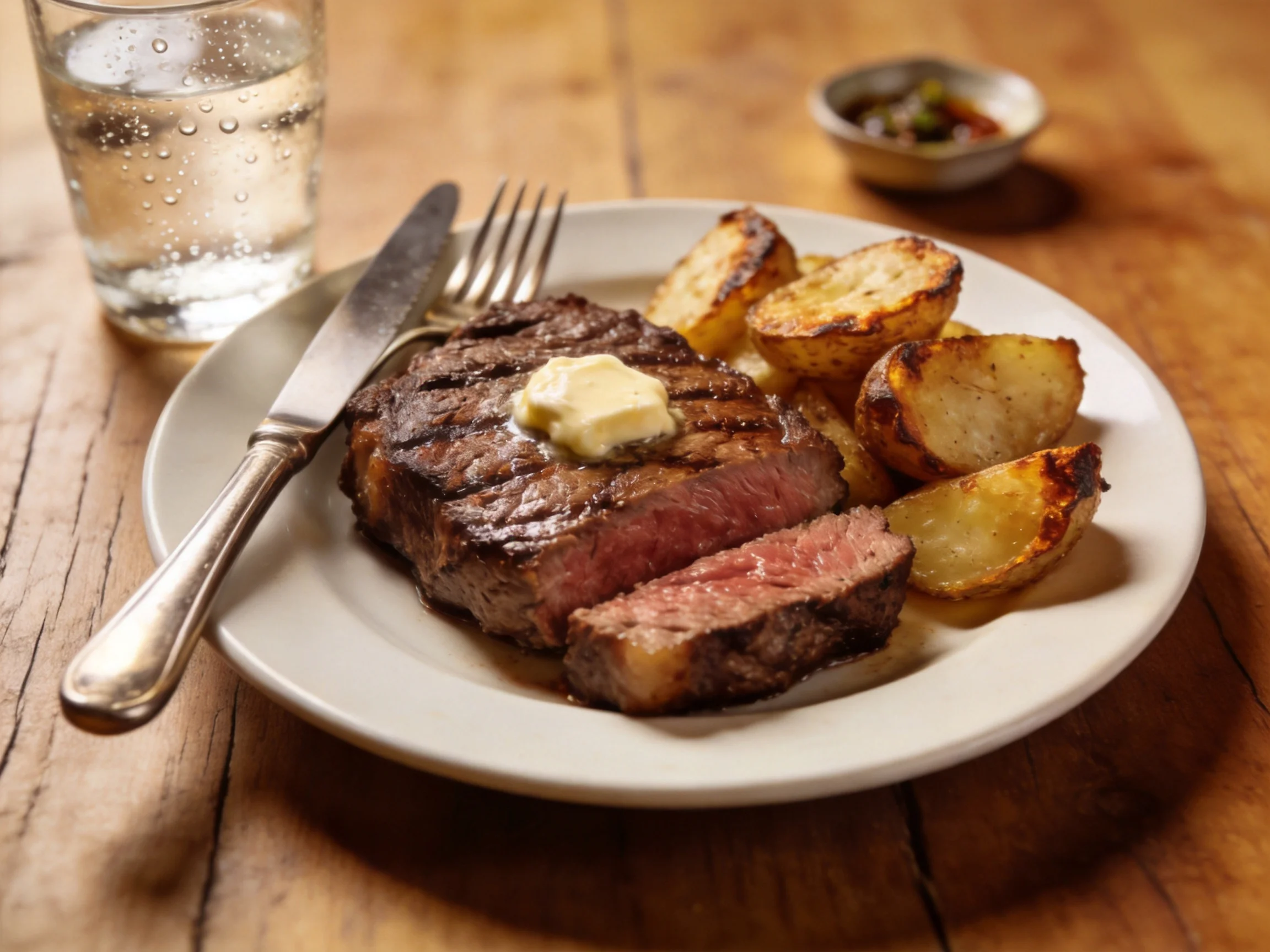 A grilled steak with butter, roasted potato wedges, and a glass of water