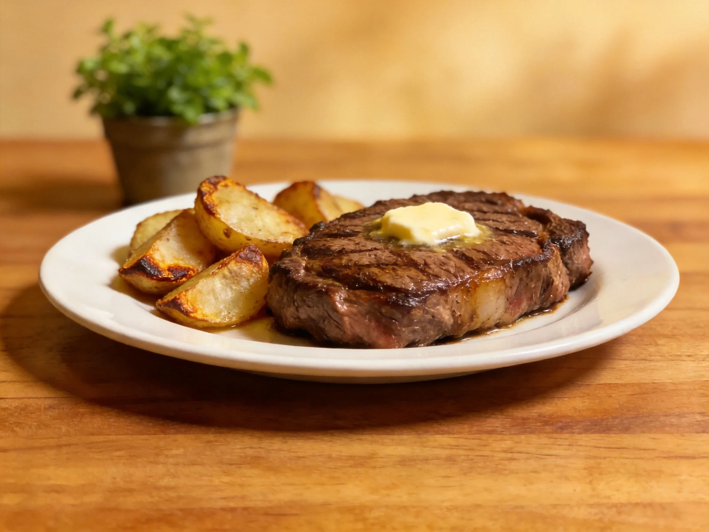A grilled steak with butter, roasted potato wedges on a white plate
