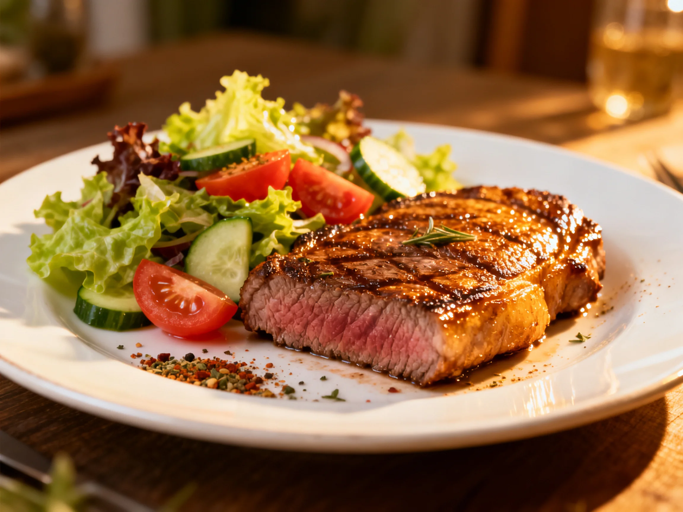 A grilled steak with char marks served with fresh mixed greens and vegetables