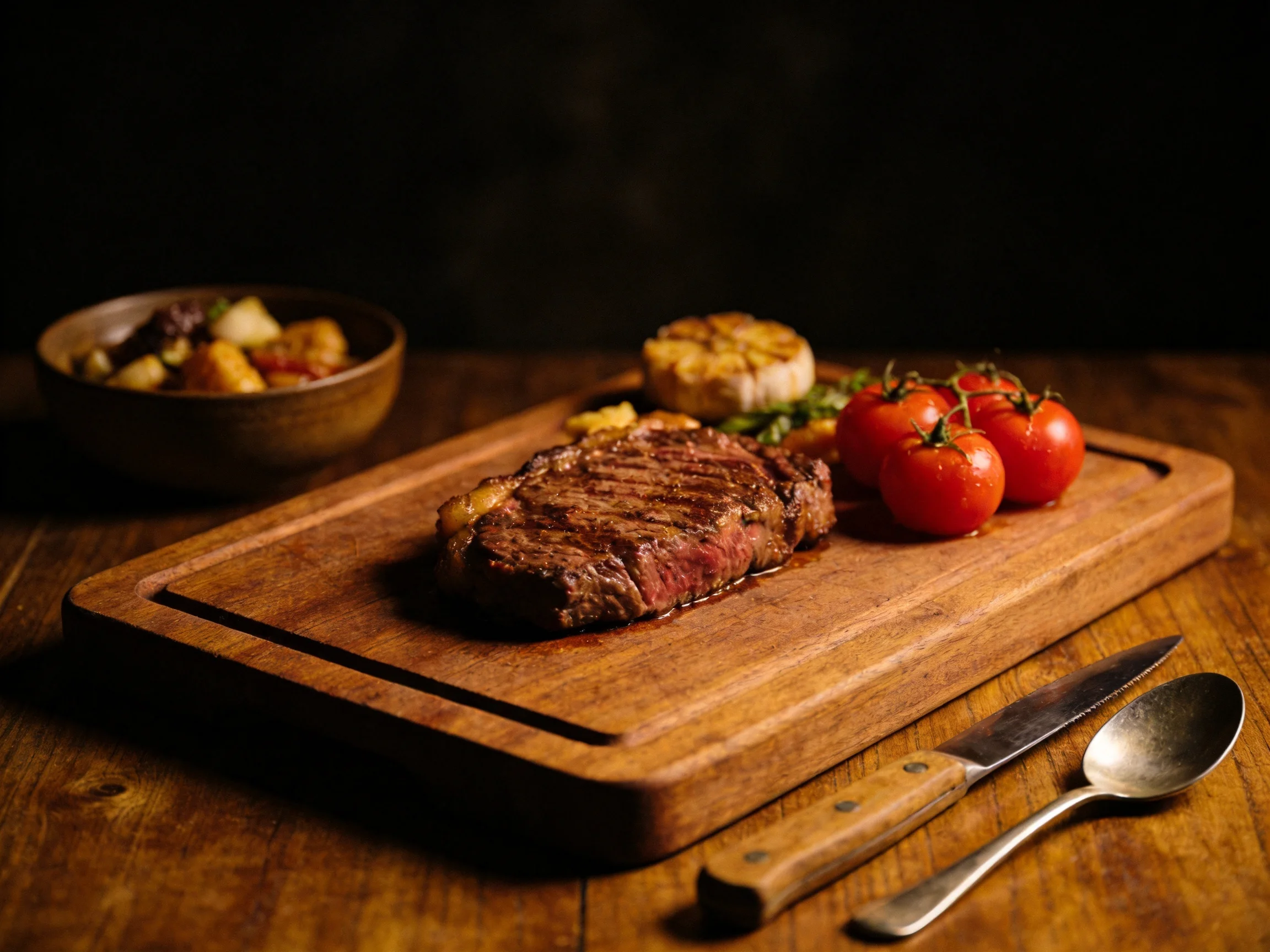 A grilled steak with cherry tomatoes and roasted garlic on a wooden serving board