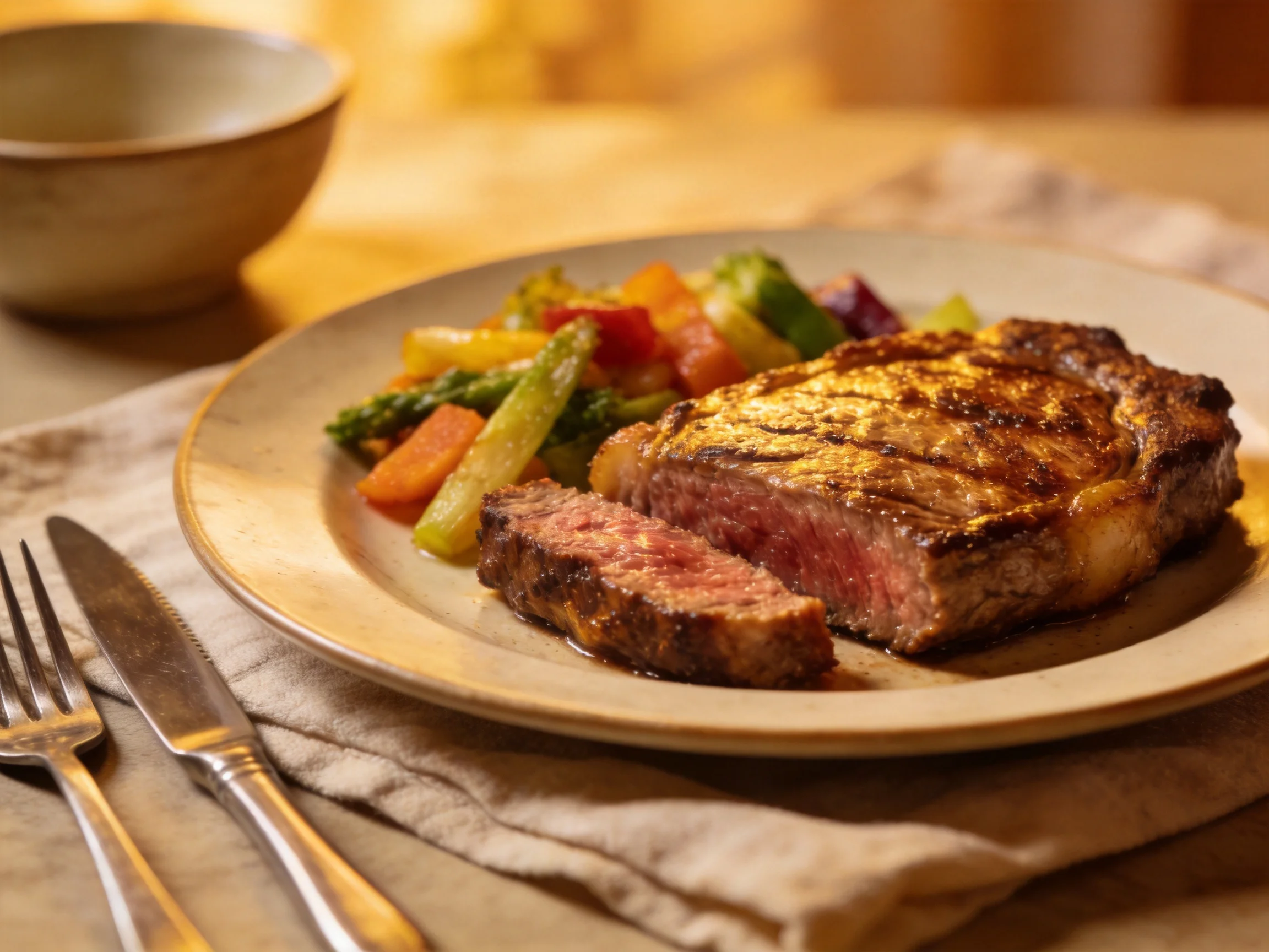 A grilled steak with colorful mixed vegetables served on a cream-colored plate