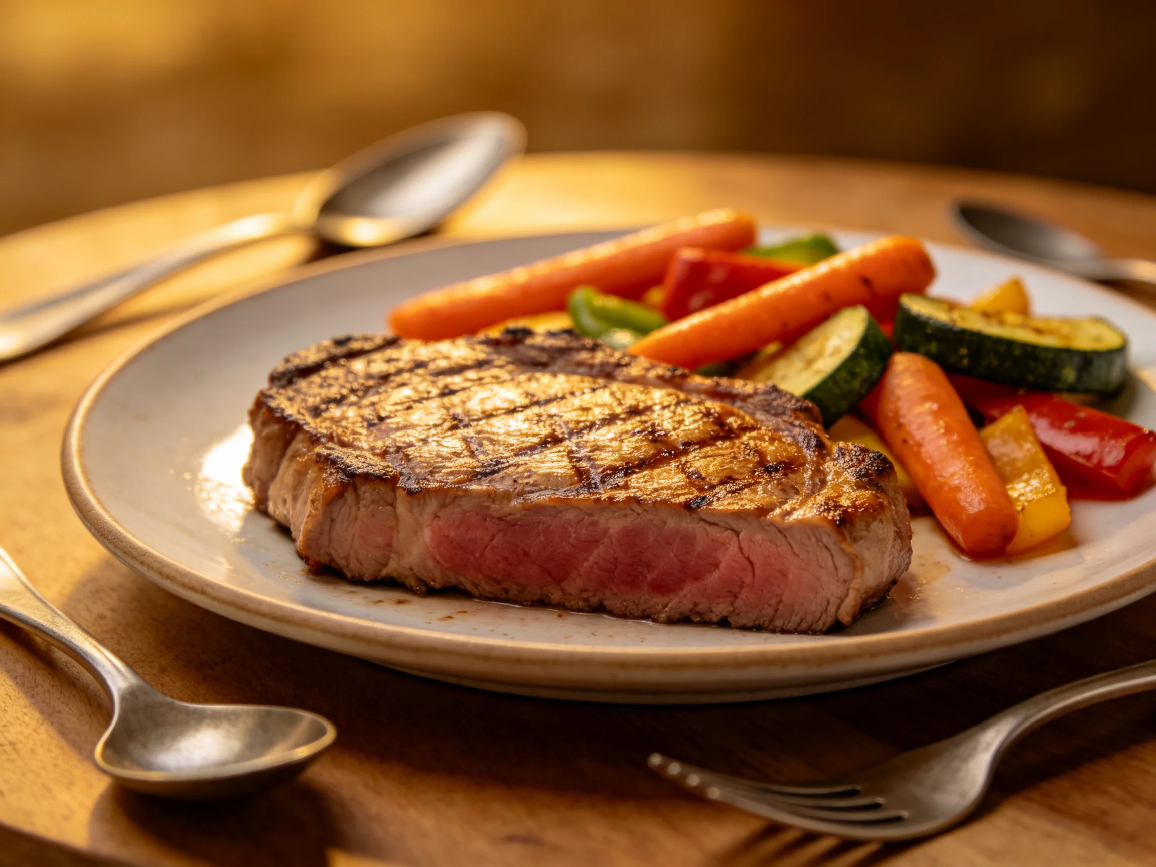 A grilled steak with colorful roasted veggies on a ceramic plate