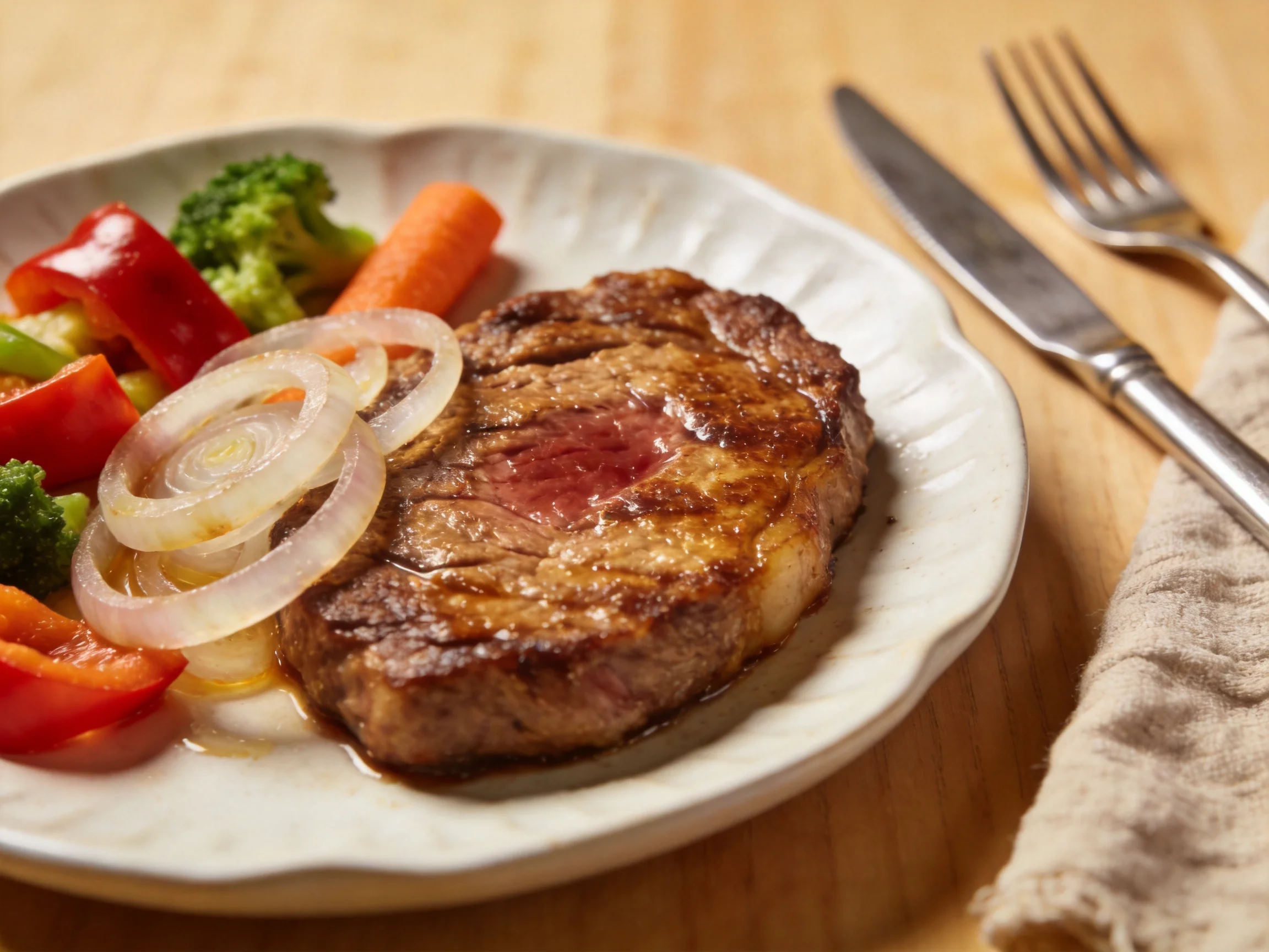 A grilled steak with colorful vegetables on a white plate