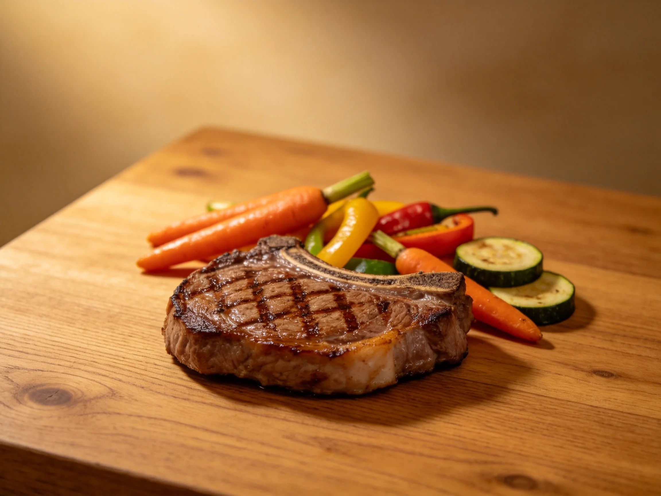 A grilled steak with colorful vegetables on a wooden cutting board