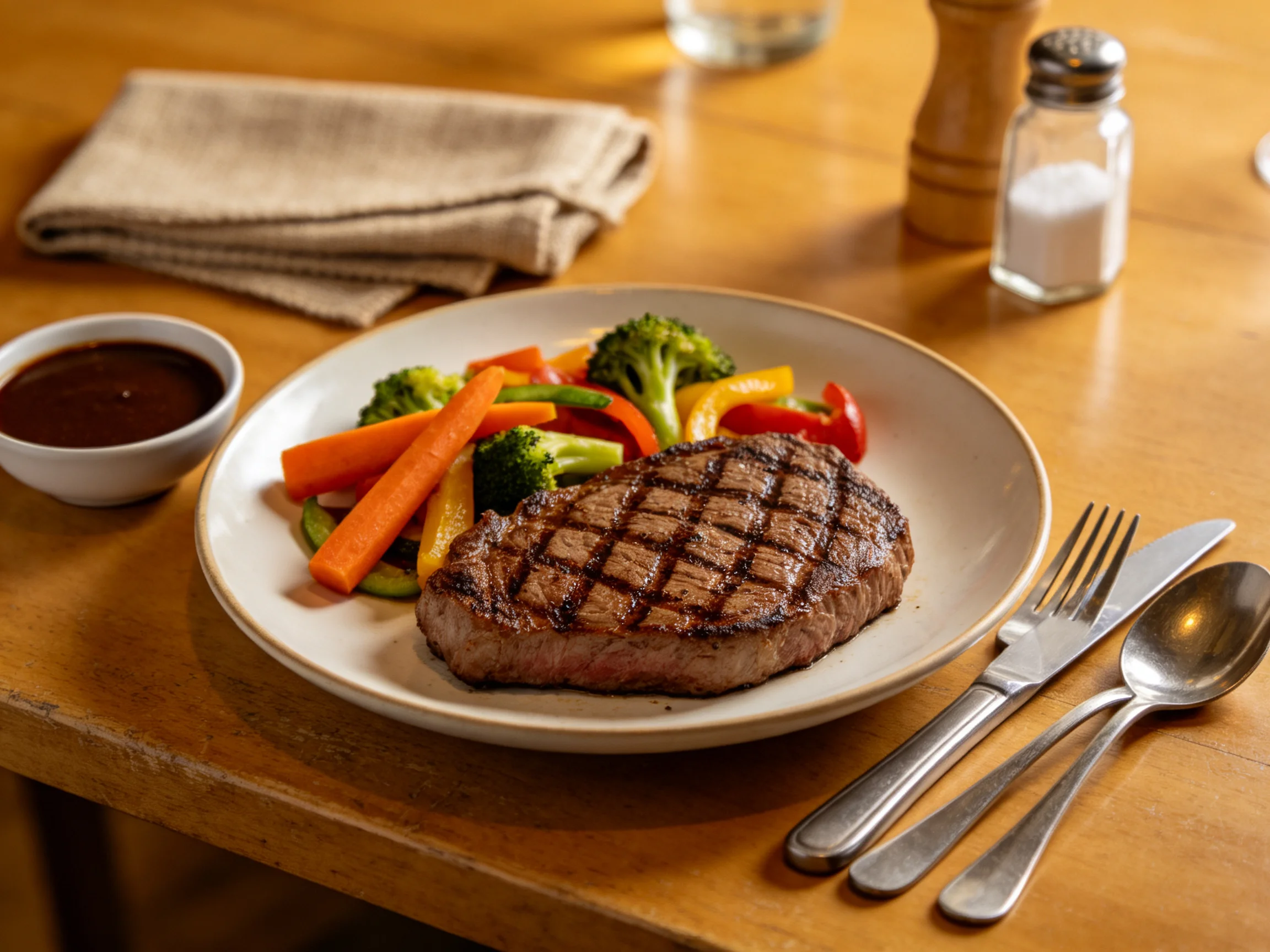 A grilled steak with colorful vegetables on a wooden table