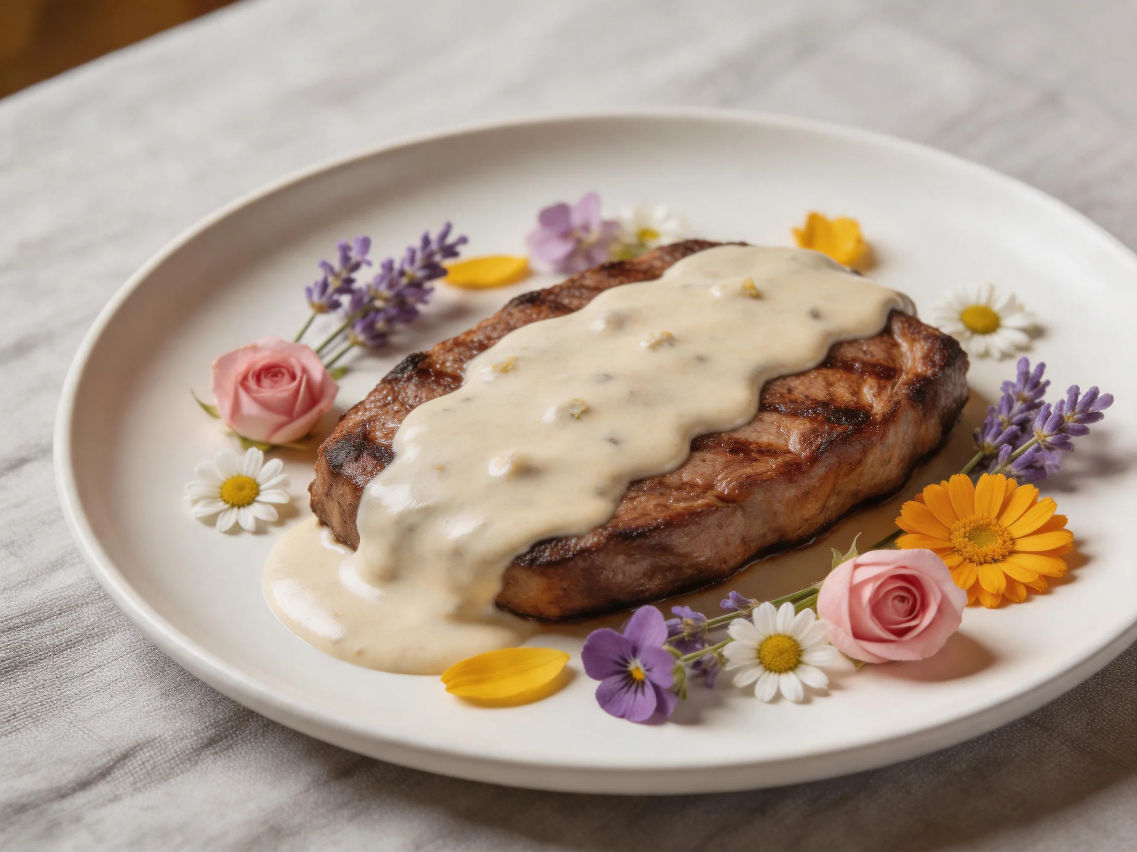 A grilled steak with creamy sauce, surrounded by colorful edible flowers