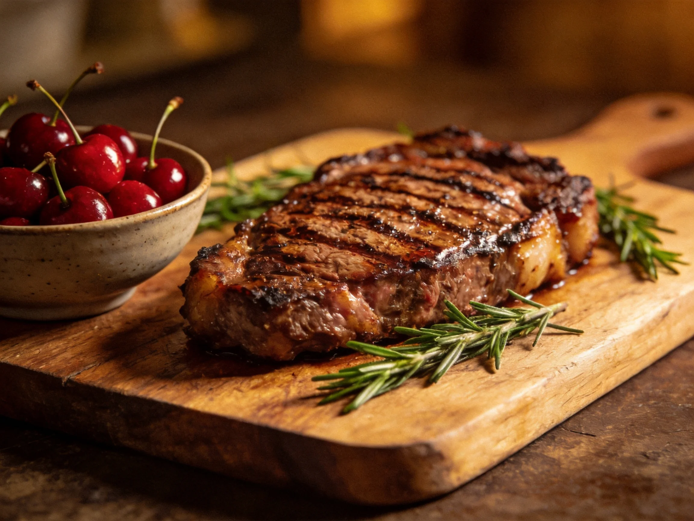 A grilled steak with fresh cherries and rosemary on a wooden board