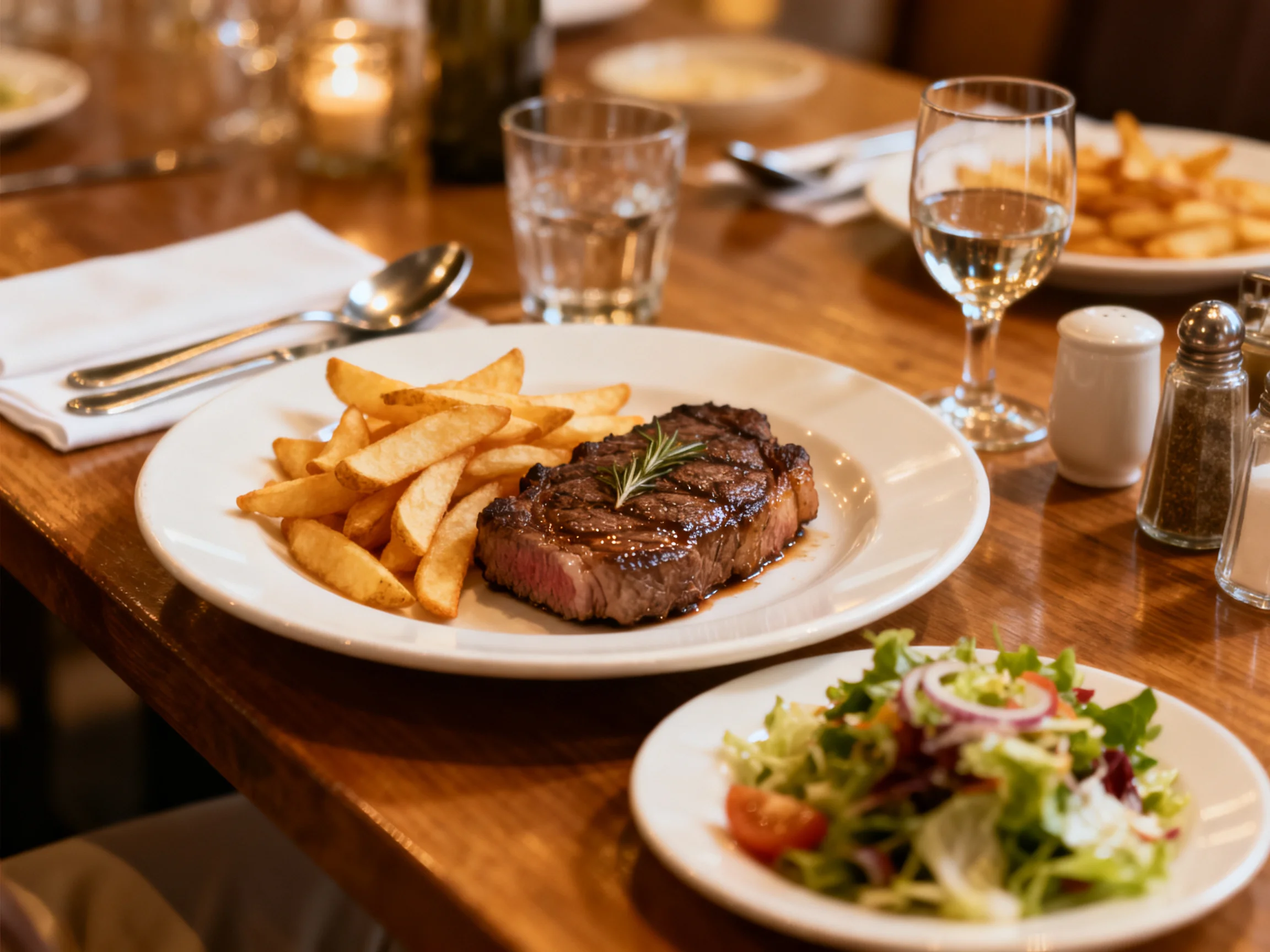 A grilled steak with golden fries and fresh salad on a polished wooden table