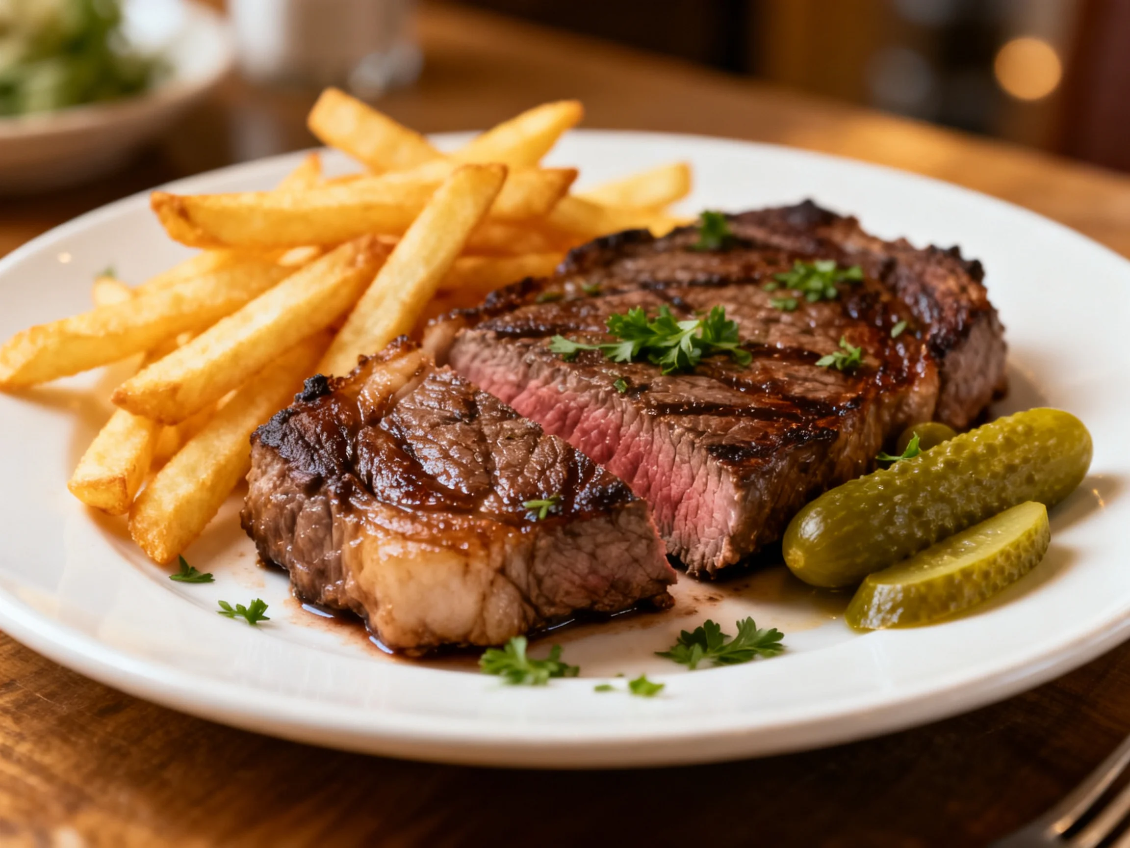 Steak, fries, and pickles are served on a white plate.
