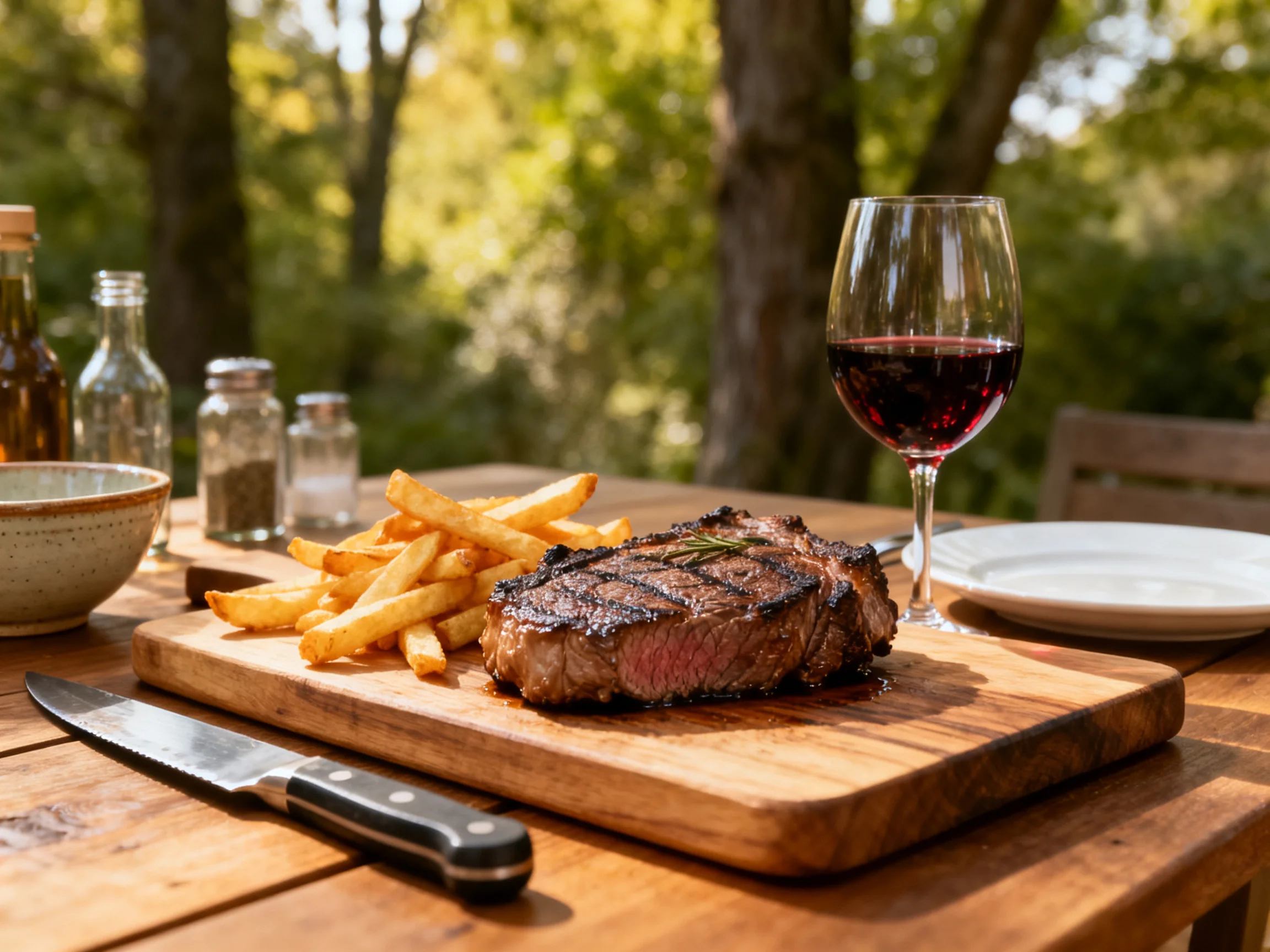 Grilled steak and fries served outdoors with red wine.