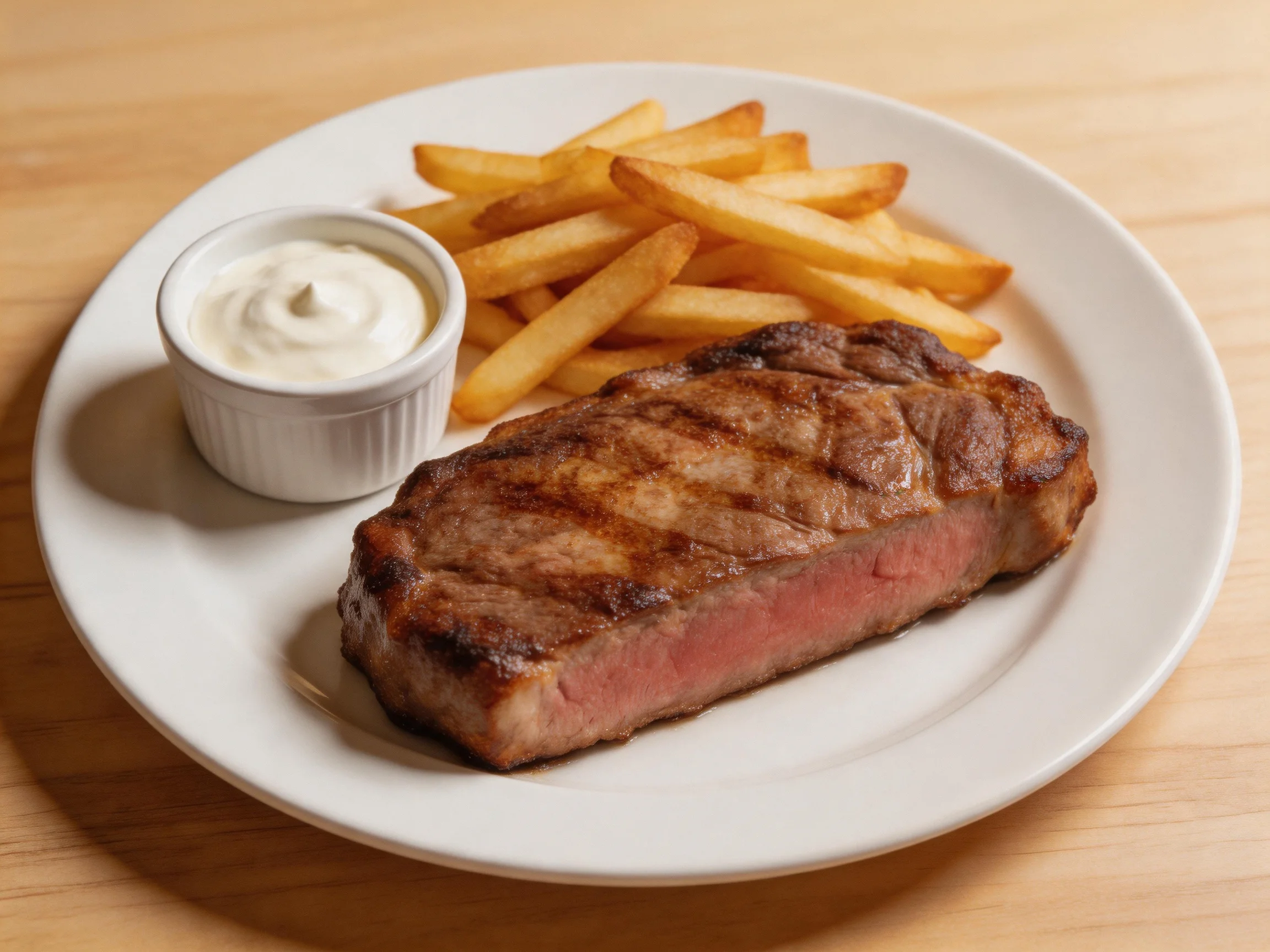 A grilled steak with golden fries and white sauce on a white plate