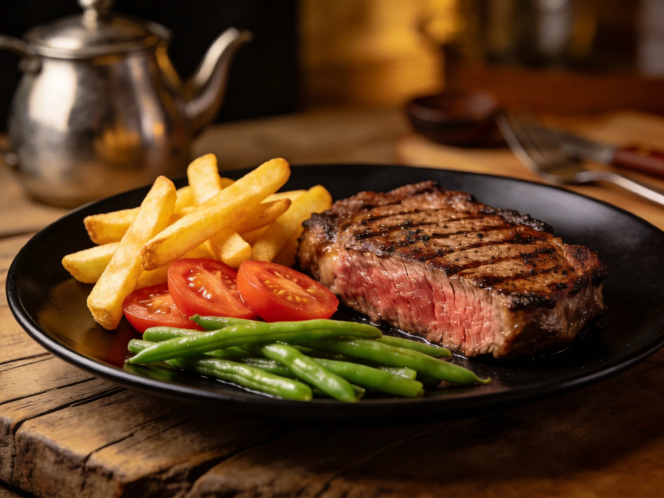 A grilled steak with golden fries, red tomatoes, and green beans on a black plate