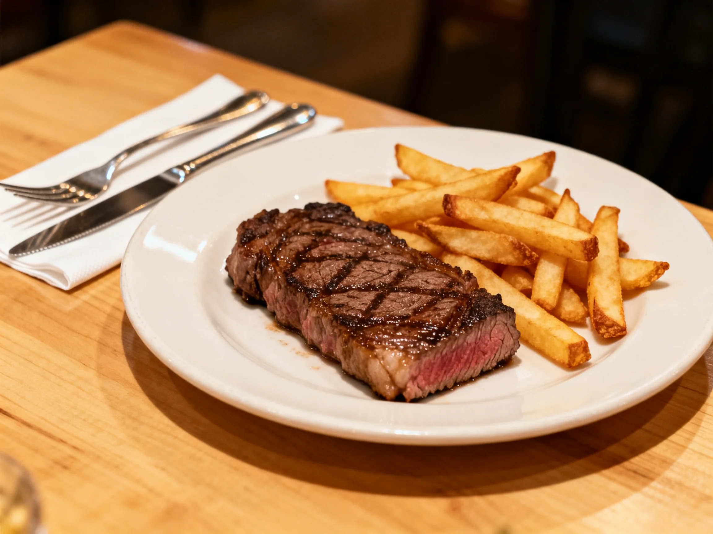 A grilled steak with golden fries served on a white plate