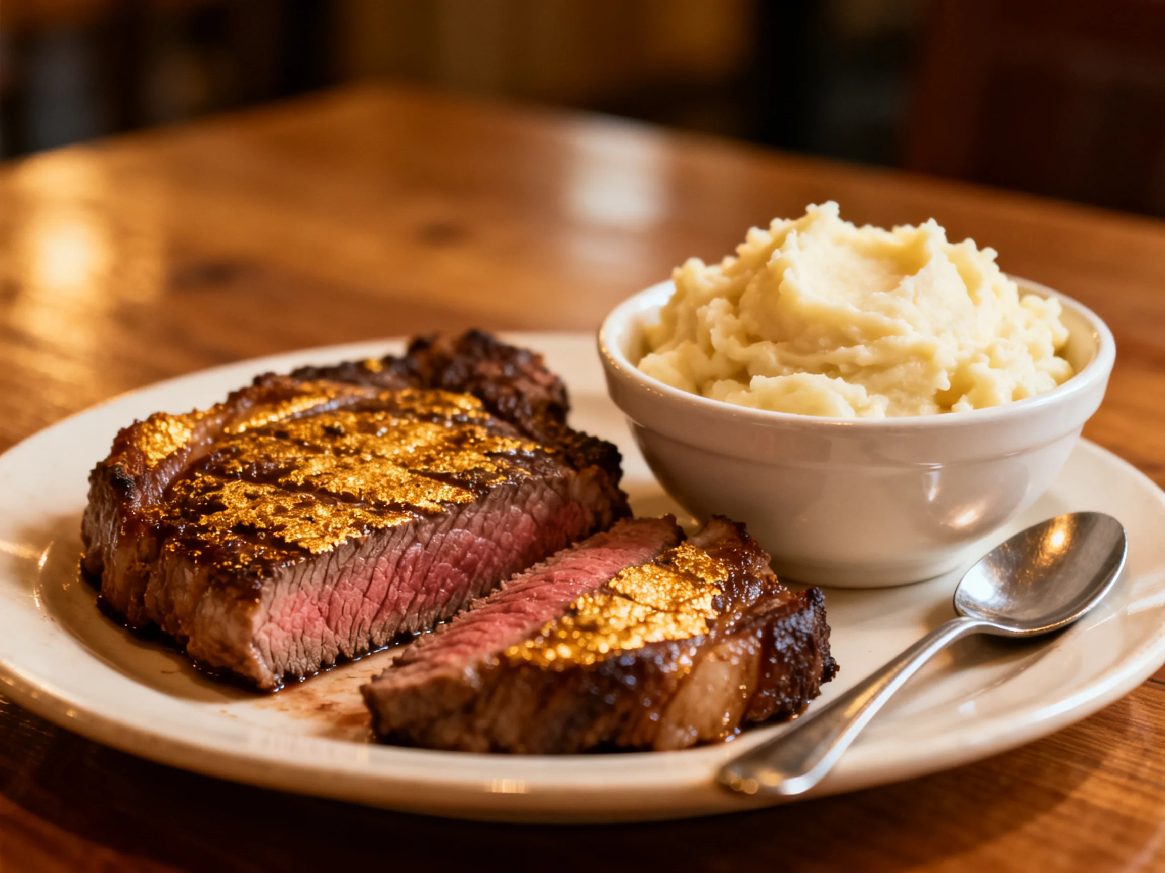 A grilled steak with golden seasoning served alongside creamy mashed potatoes