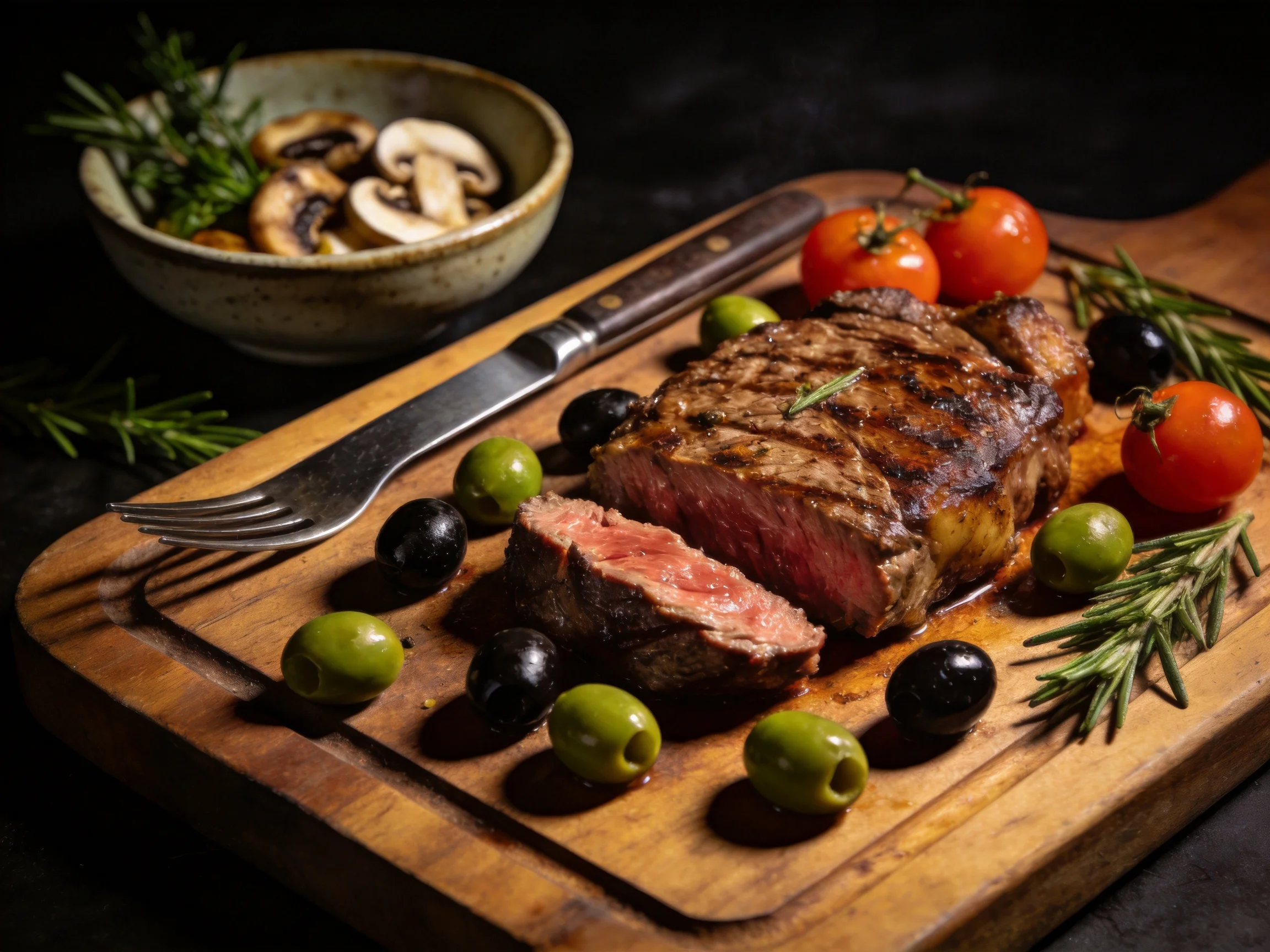 A grilled steak with green black olives cherry tomatoes on wooden board