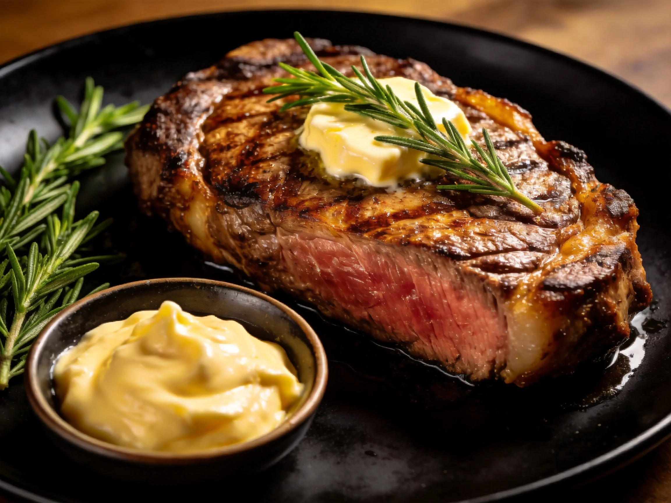 A grilled steak with herb butter, rosemary, and side sauce