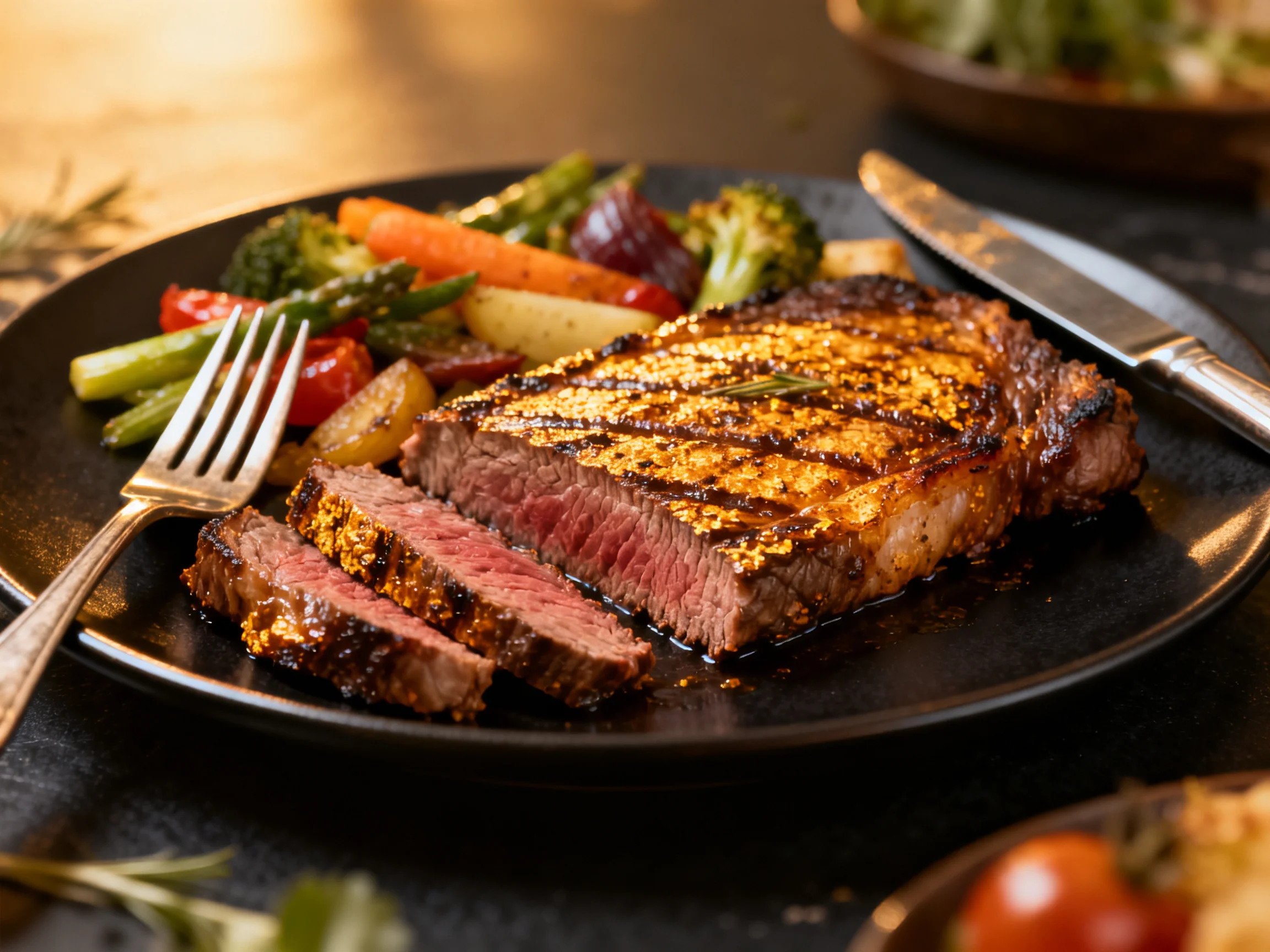 A grilled steak with mixed roasted vegetables on a dark plate