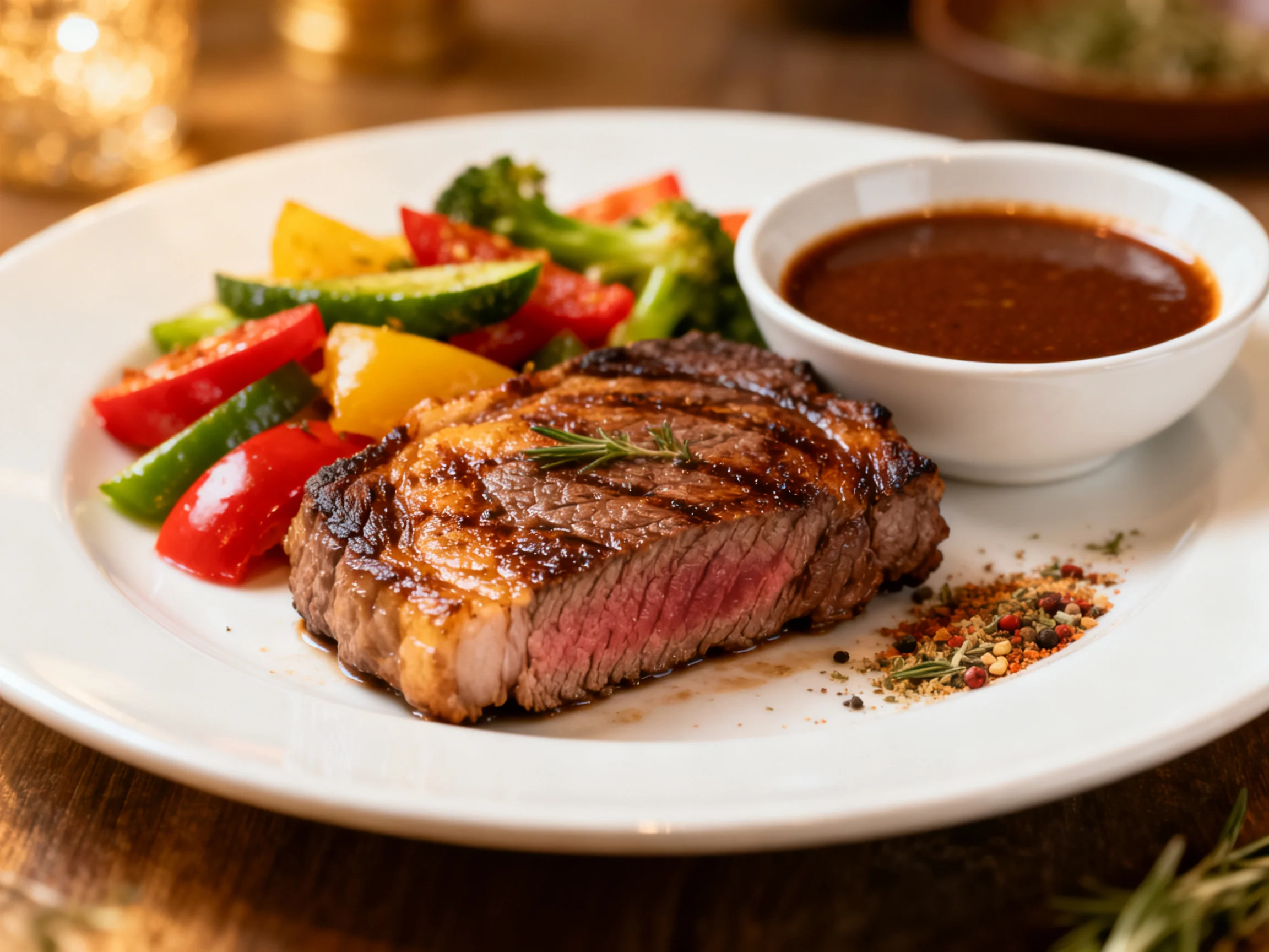 A grilled steak with mixed vegetables and dipping sauce on a white plate