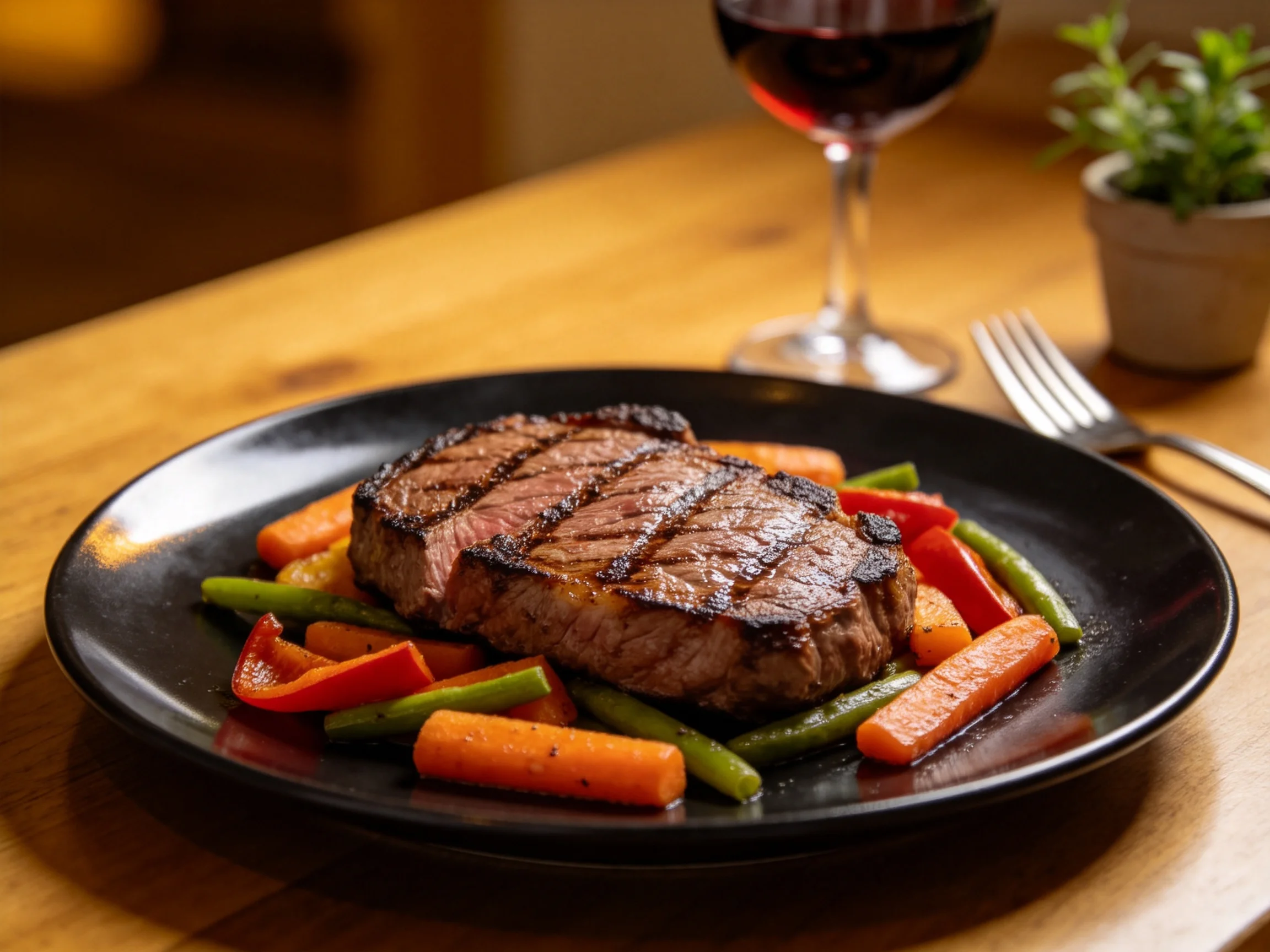 A grilled steak with mixed vegetables on a black plate near red wine