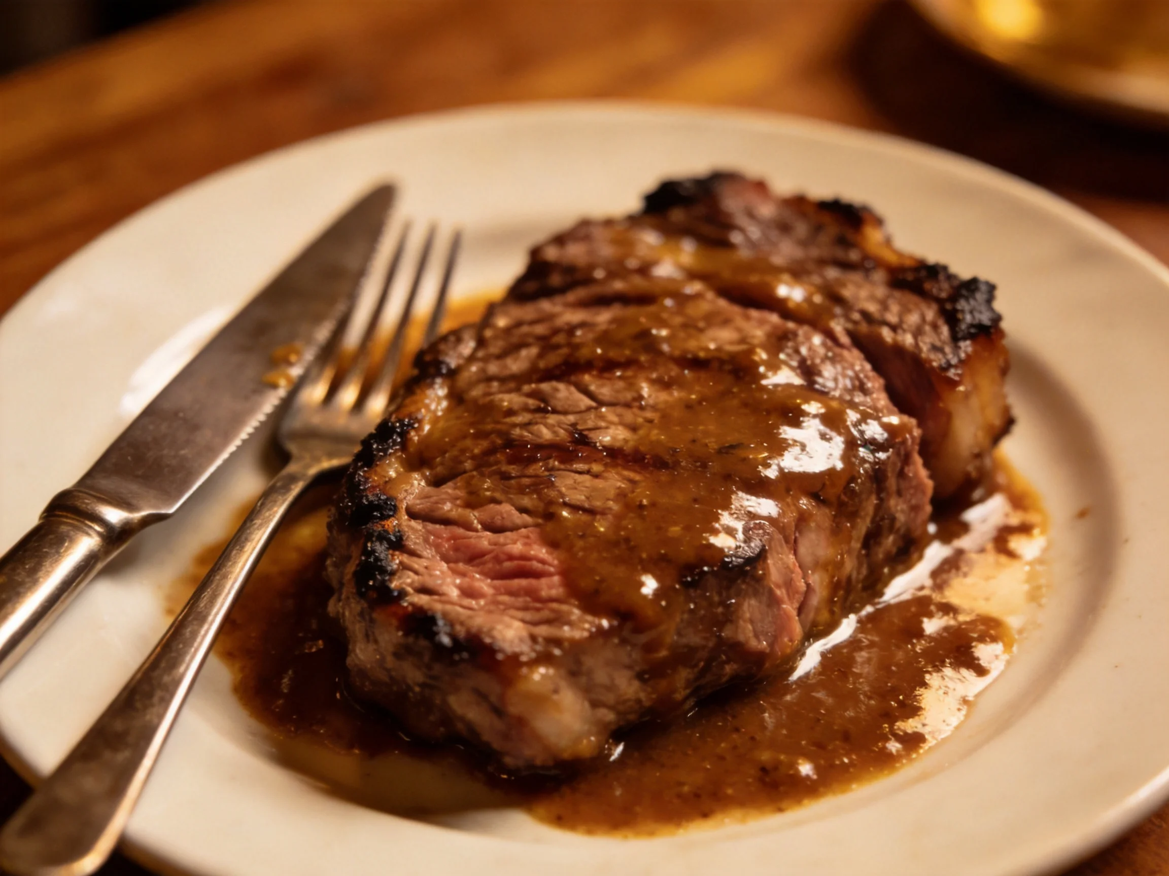 A grilled steak with rich brown sauce on a white plate