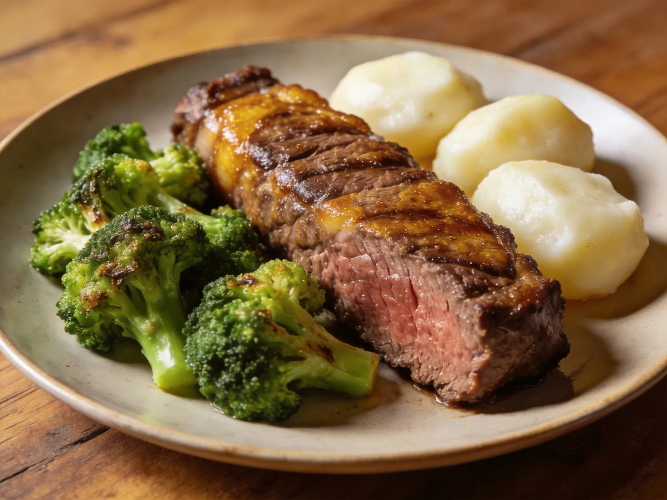 A grilled steak with roasted broccoli and boiled potatoes