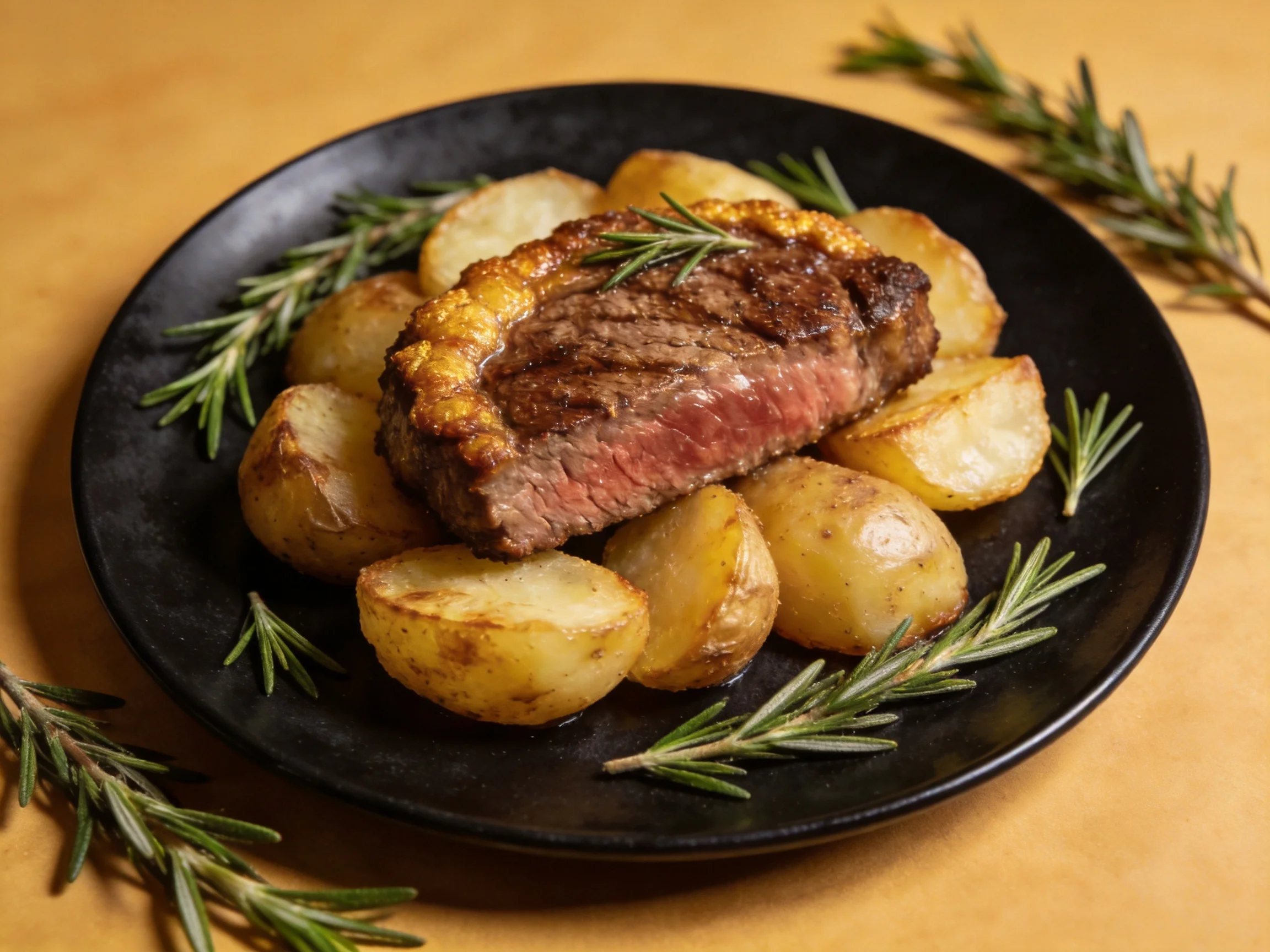 A grilled steak with roasted potatoes and fresh rosemary on a black plate
