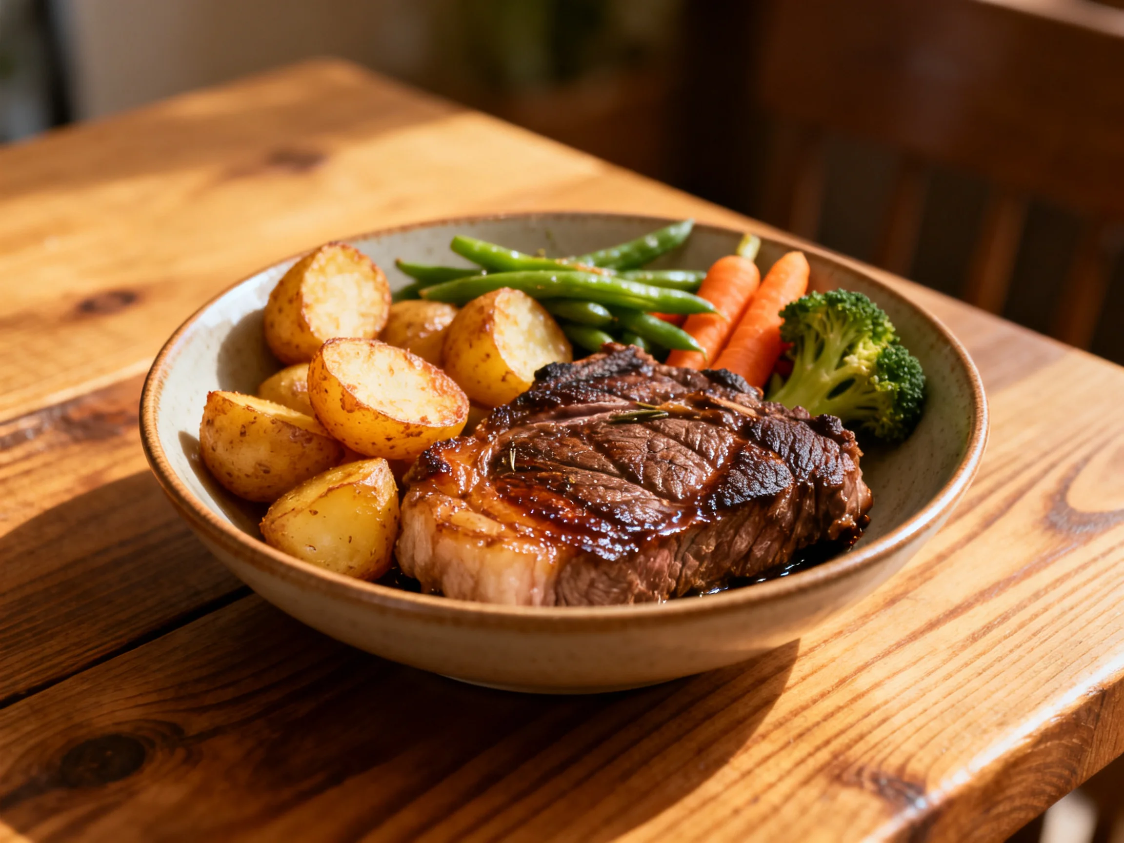 A grilled steak with roasted potatoes and mixed vegetables