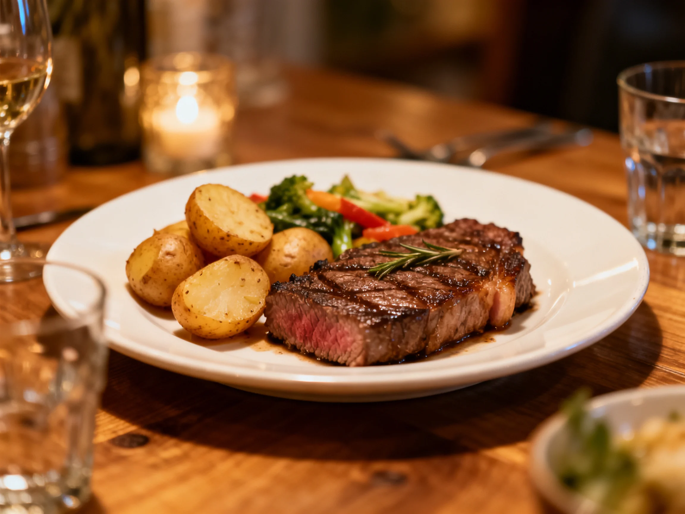 A grilled steak with roasted potatoes and vegetables on a wooden table