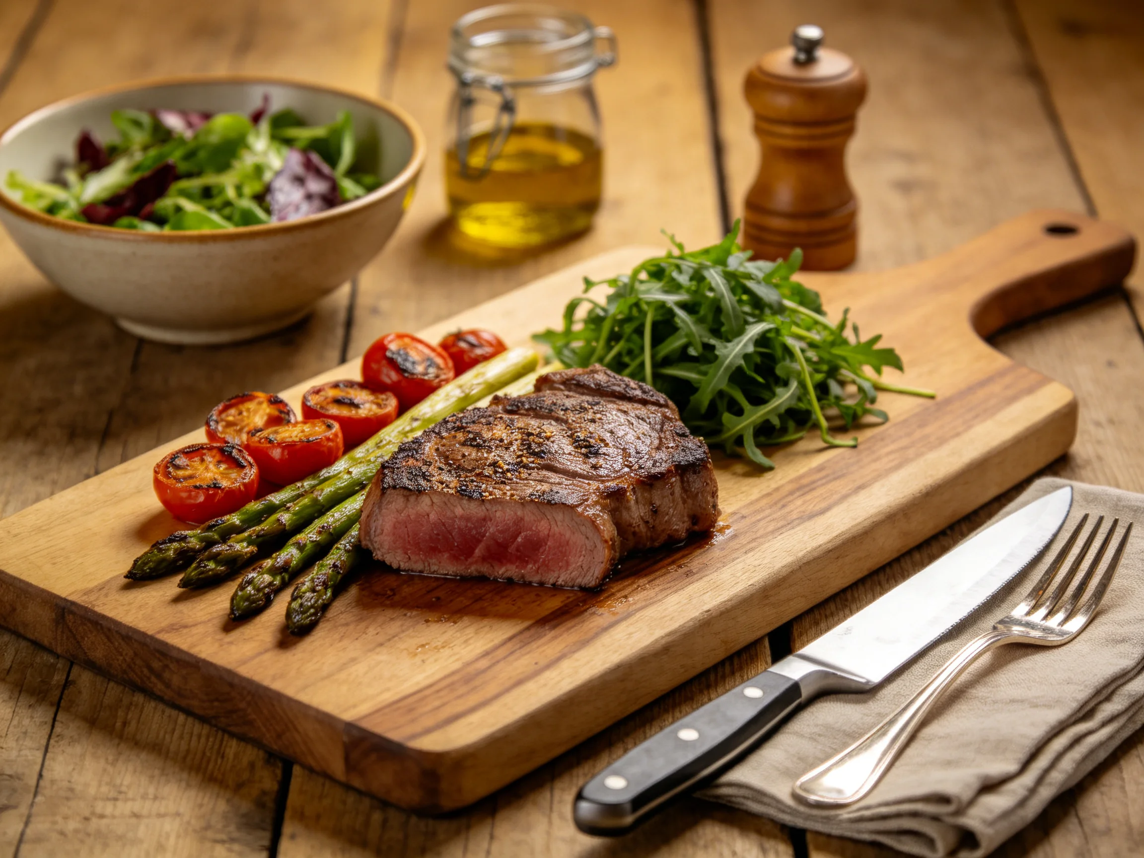 A grilled steak with roasted veggies and greens on a wooden board