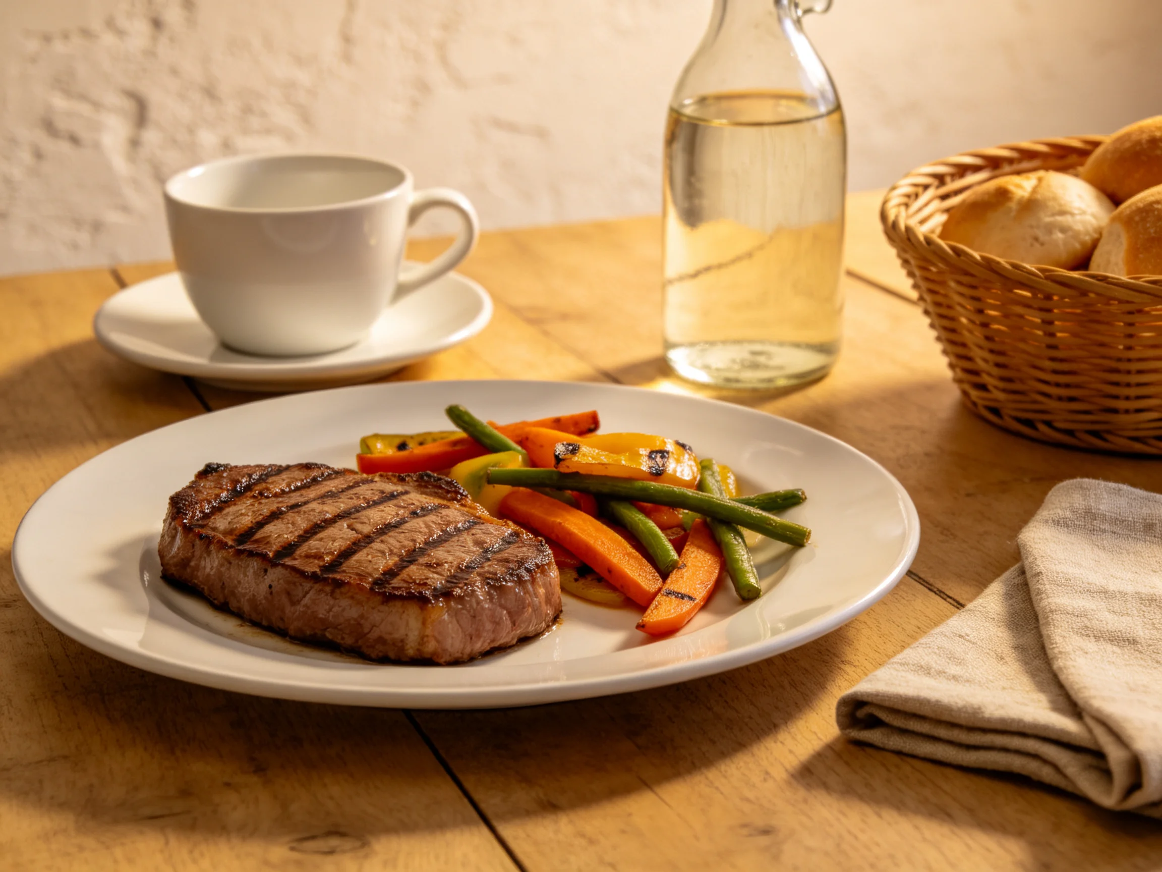 A grilled steak with roasted veggies, cup, and bread basket on wooden table