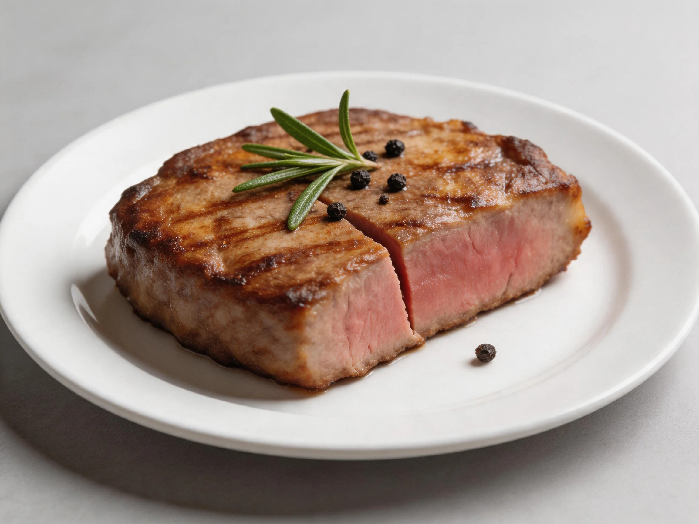 A grilled steak with rosemary and peppercorns on a white plate
