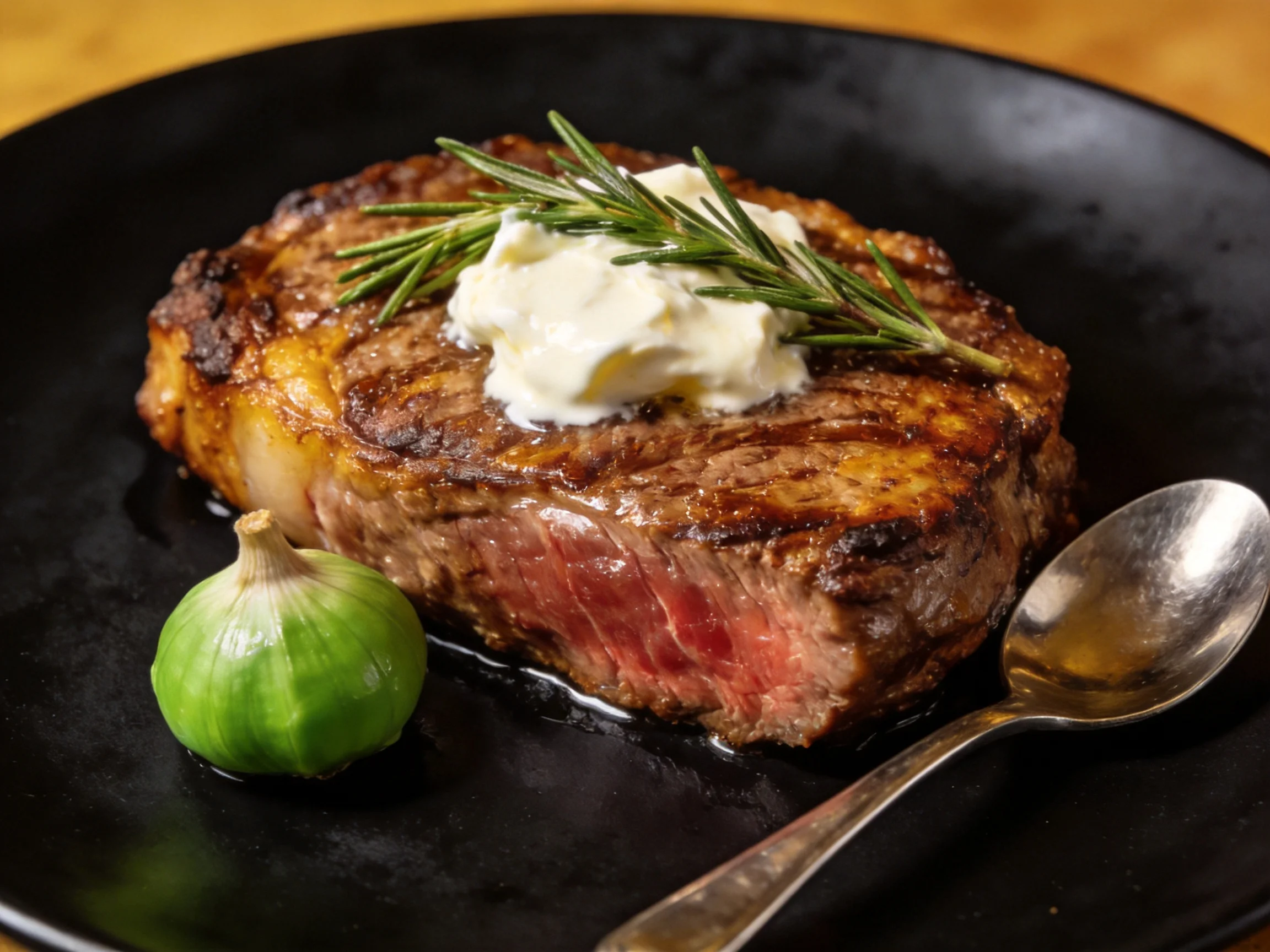 A grilled steak with rosemary butter, garlic, and silver spoon on a black plate