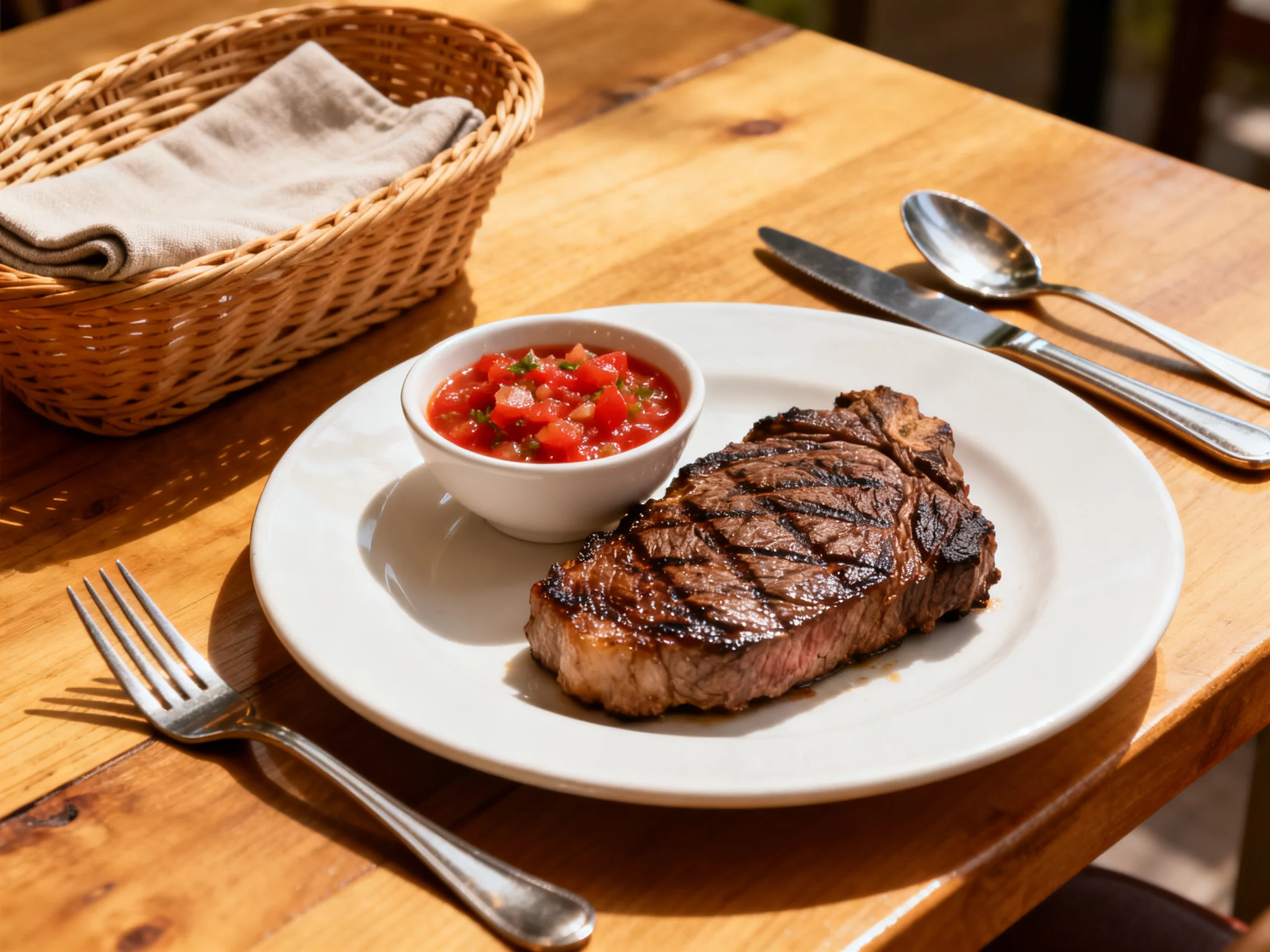 A grilled steak with salsa on a white plate beside a wicker basket