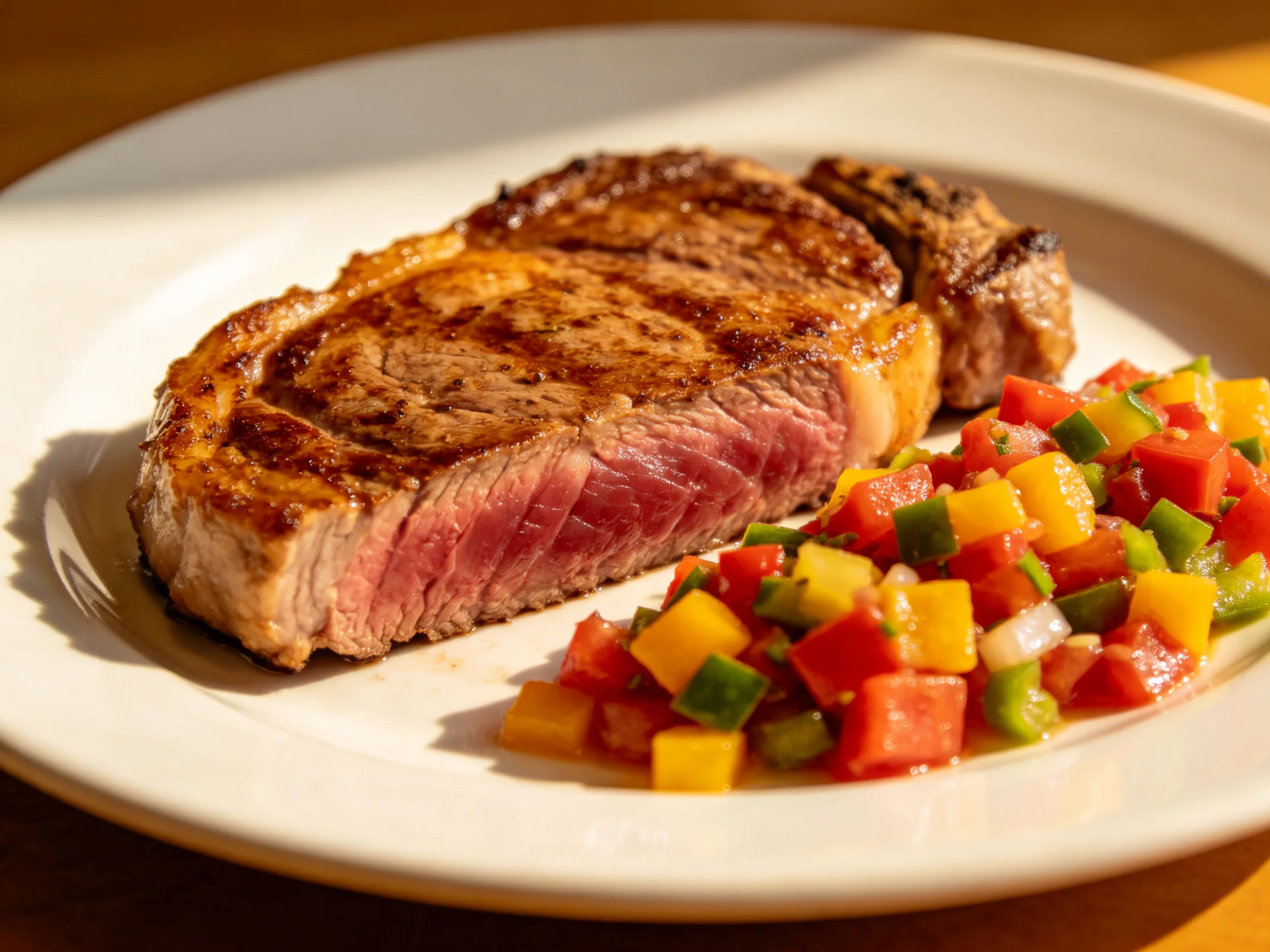 A grilled steak with vibrant vegetable salsa on a white plate
