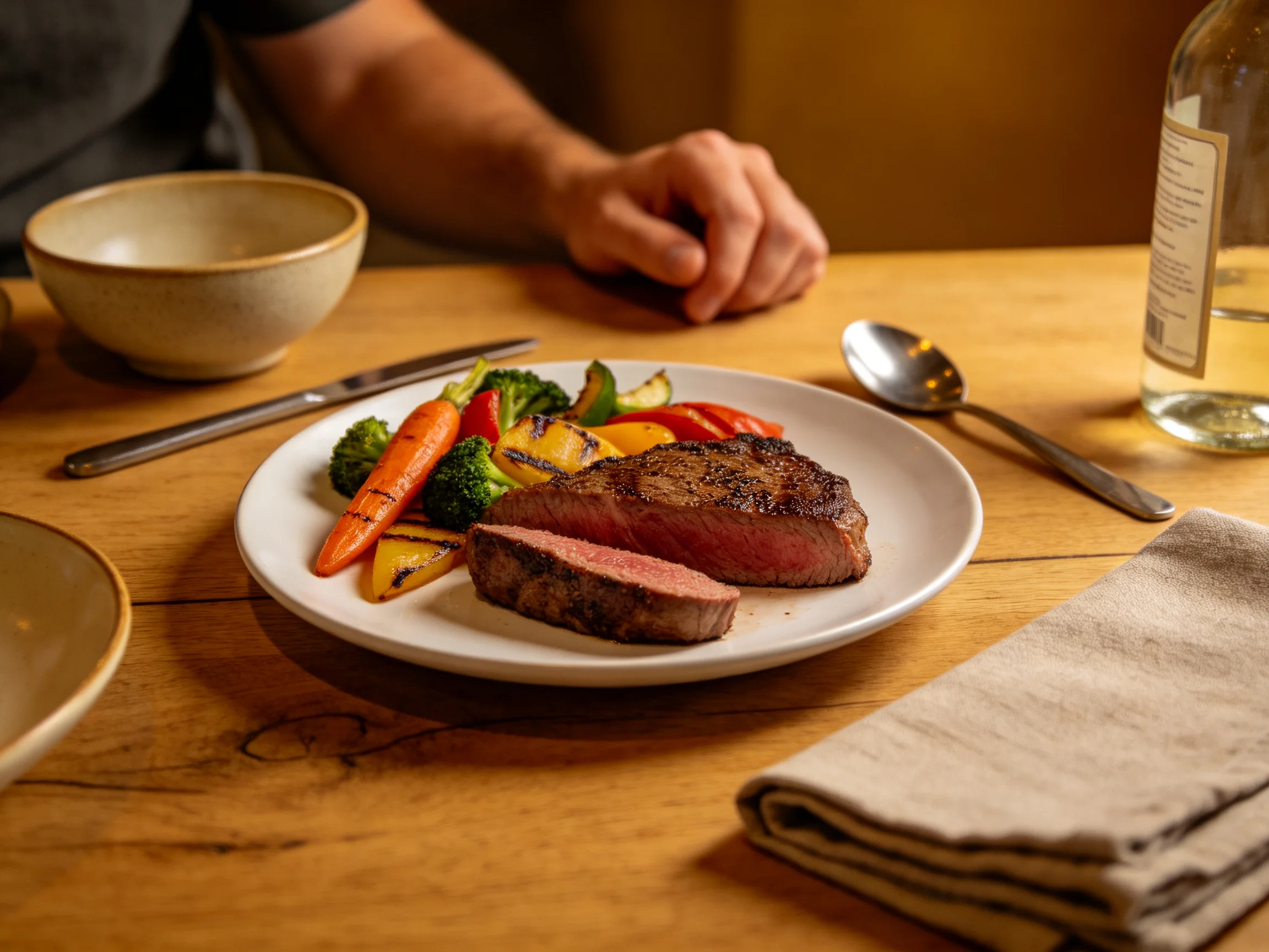 A grilled steak with vibrant vegetables on a wooden dining table