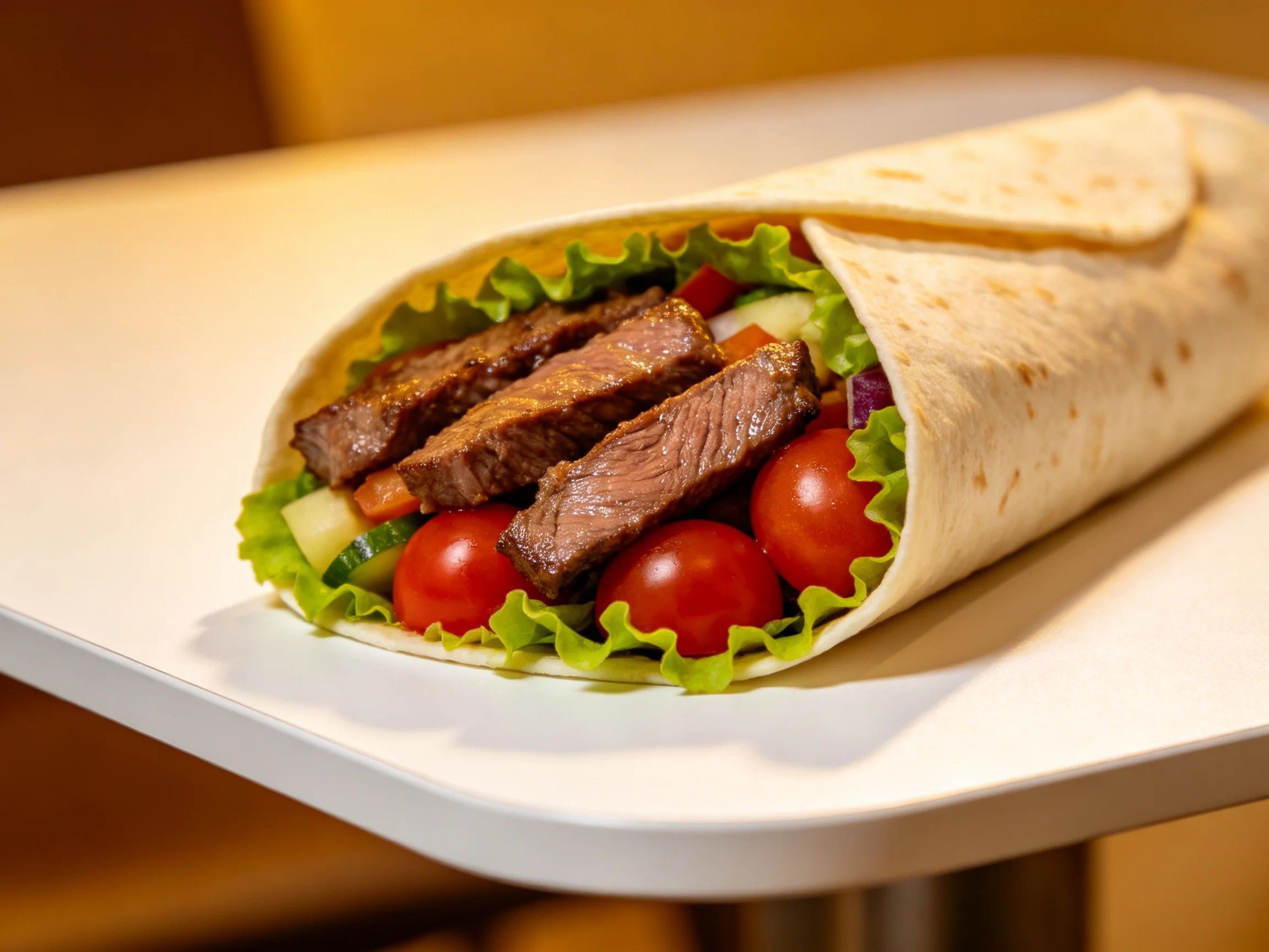 A grilled steak wrap with fresh veggies in soft tortilla