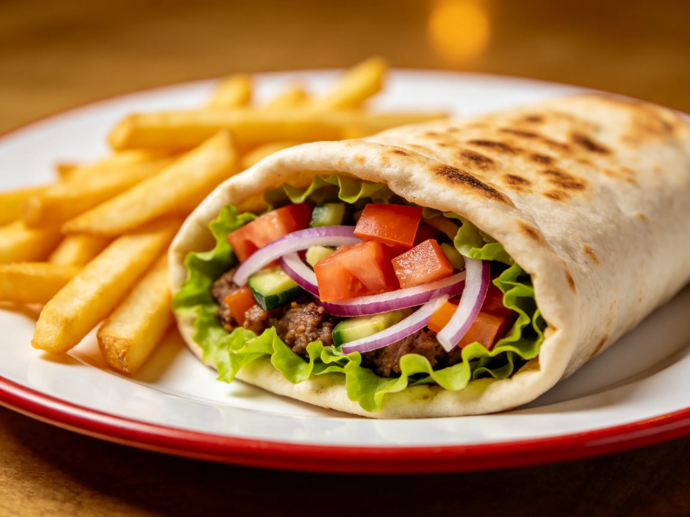 A grilled wrap with fresh veggies and golden fries
