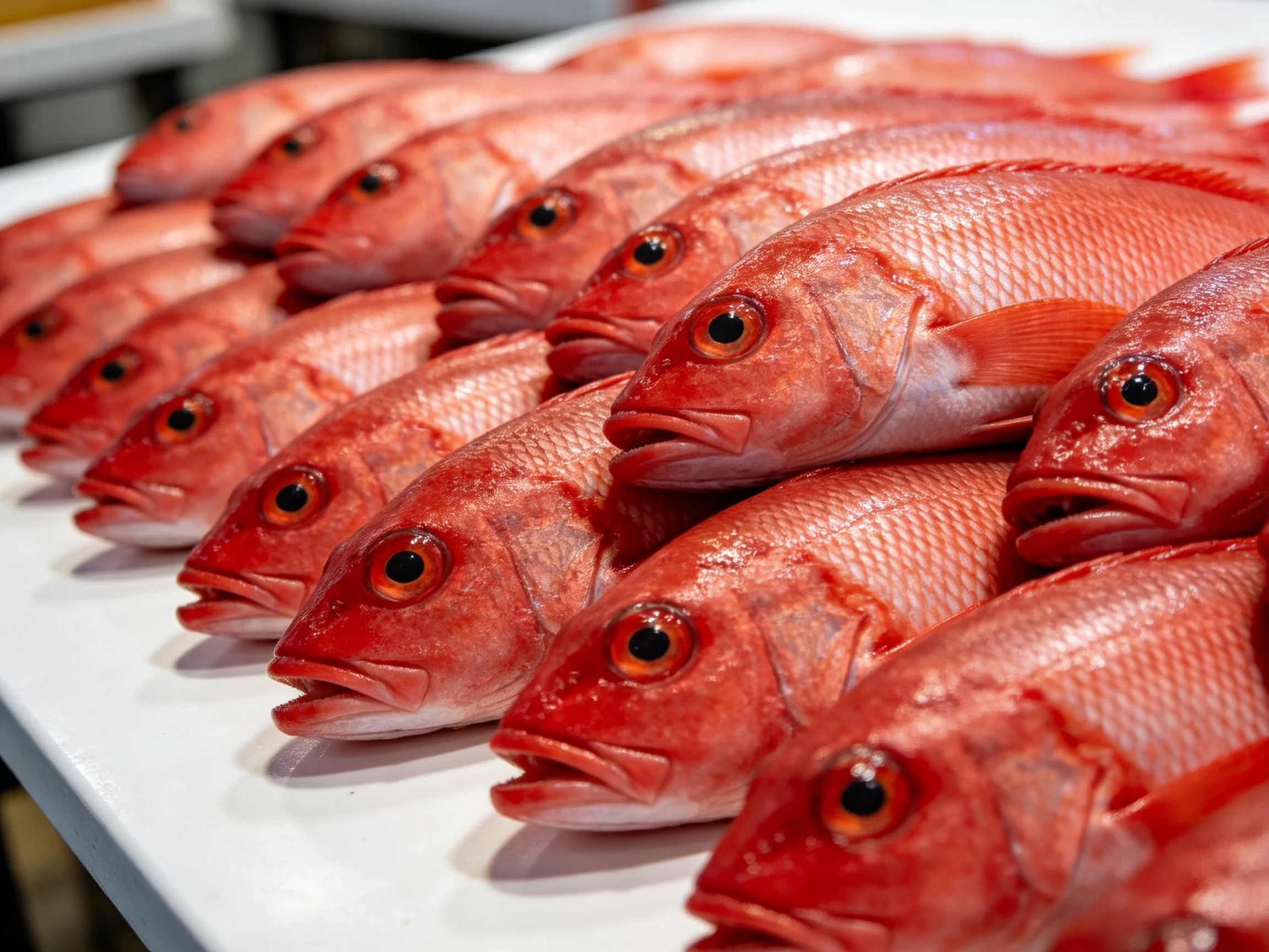 A group of bright red fish arranged in rows on a white display