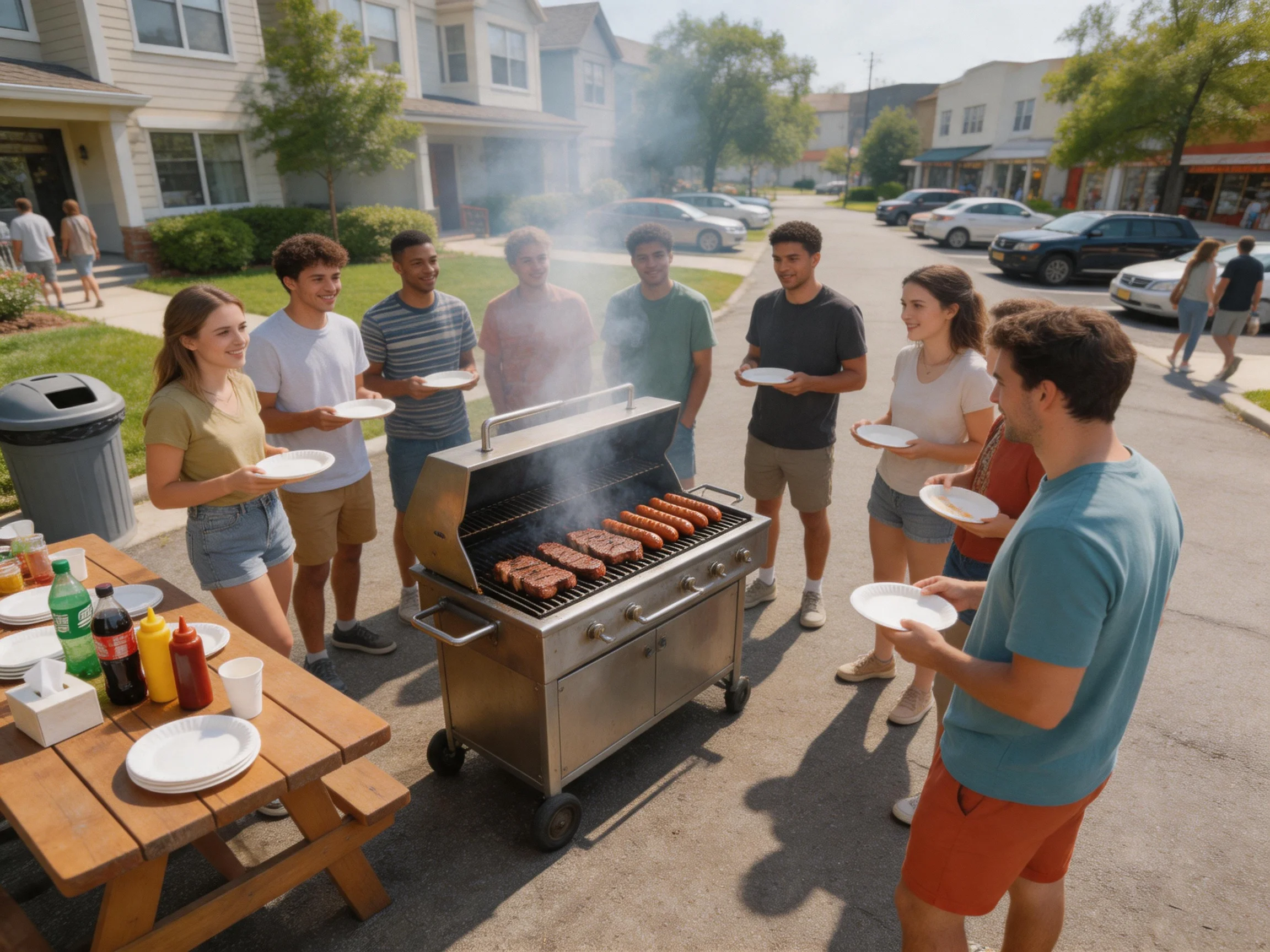 A group of friends grills steaks and sausages in a sunnysuburban neighborhood