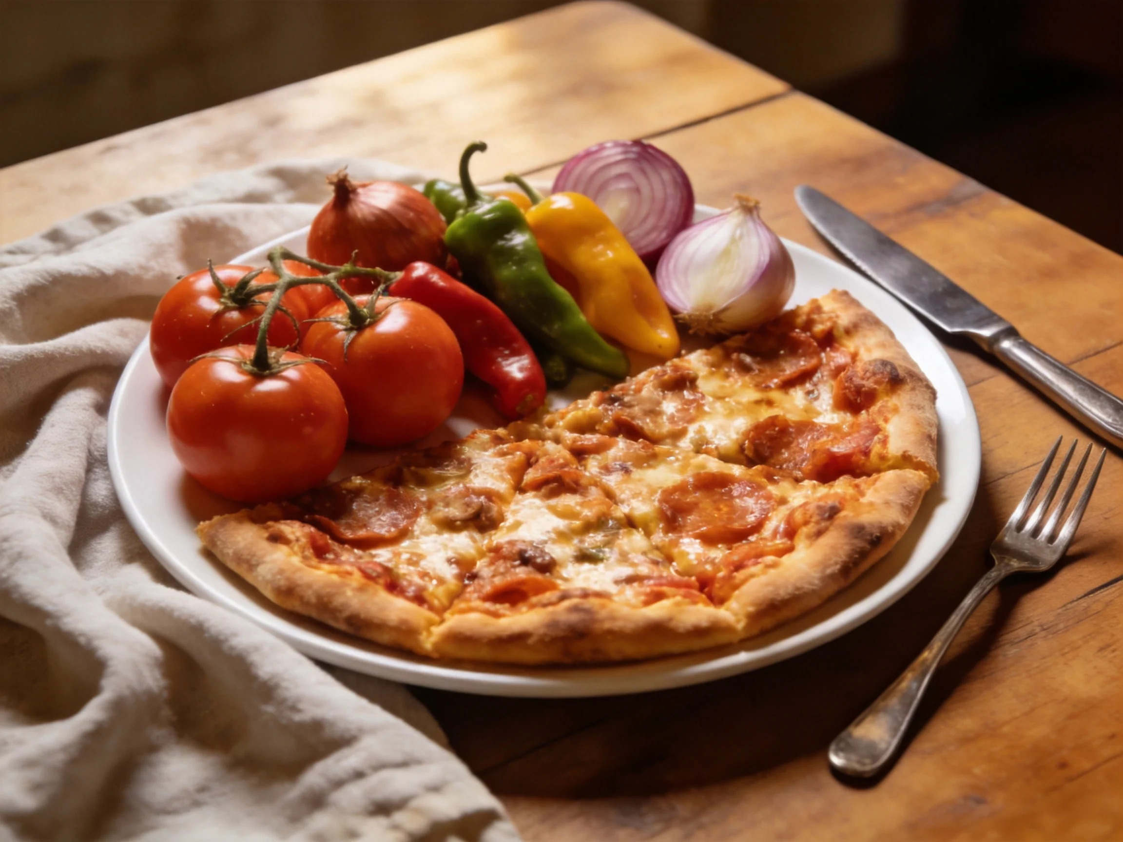 A half - eaten pepperoni pizza with fresh vegetables on a wooden table