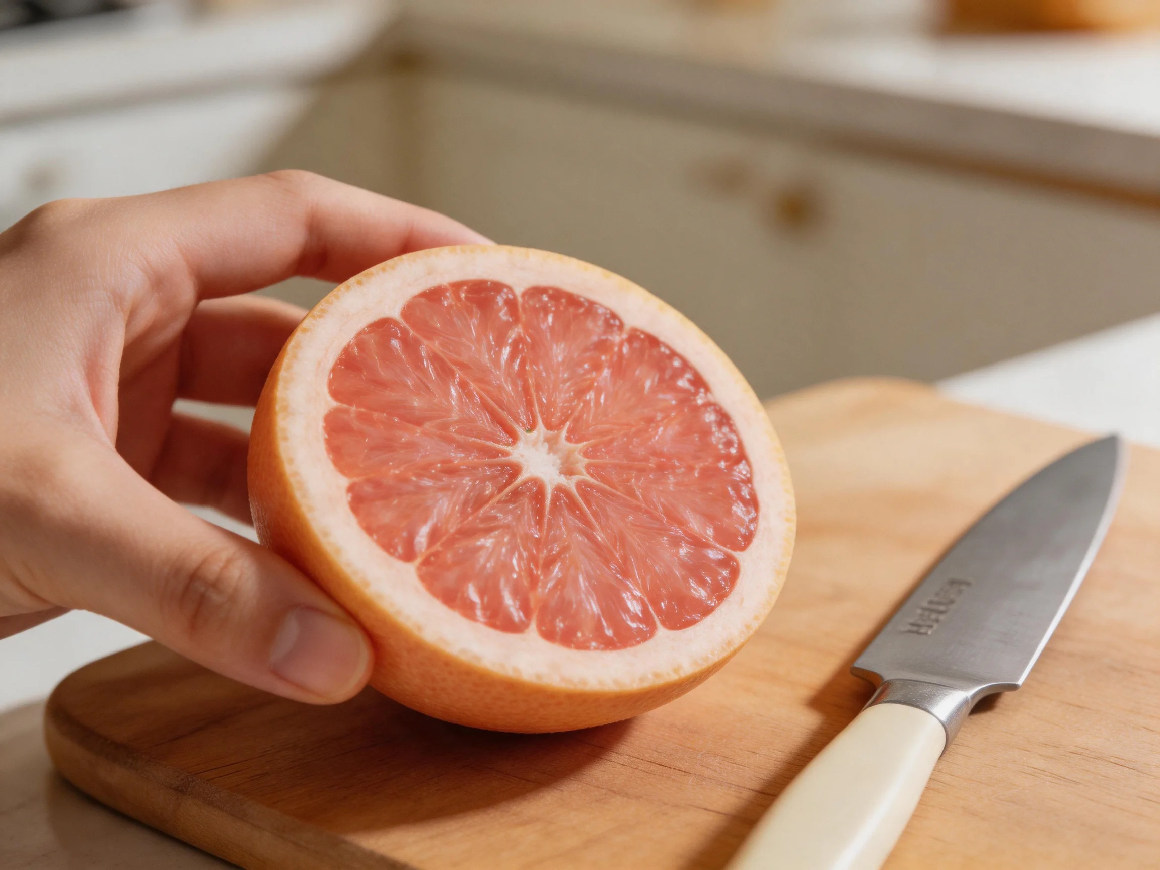 A halved pink grapefruit rests on a wooden cutting board near a knife