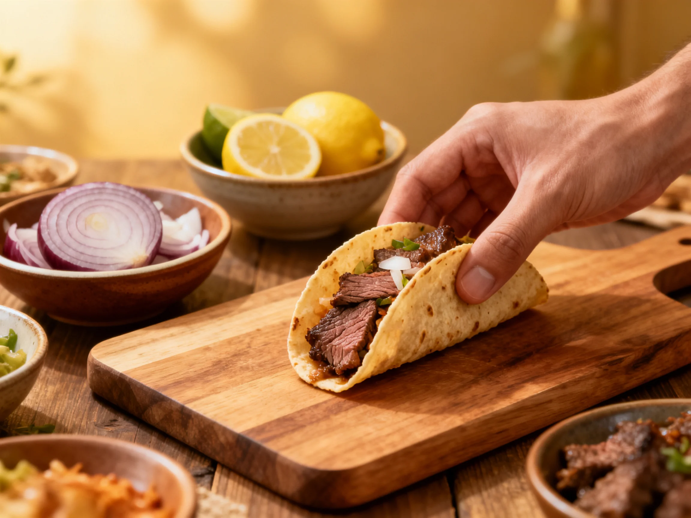 A hand holds a beef taco near sliced red onions and lemon halves