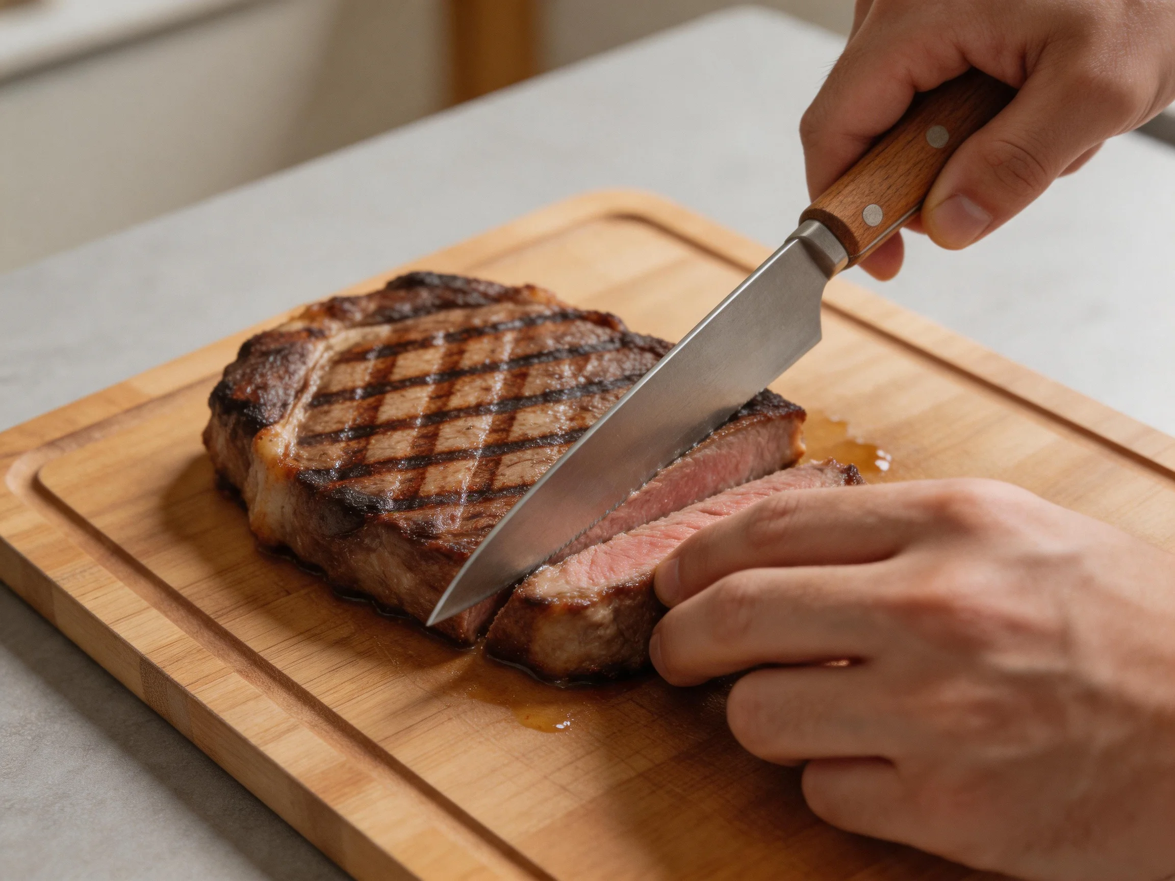 A hand slicing a grilled steak with a wooden-handled knife